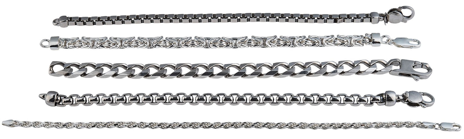 (5) Sterling Silver Bracelets: Five sterling silver bracelets, each marked "925"Length: 9.25 in. / longest Total weight: 3.785 oztProvenance: Property from a North San Antonio, Texas collection