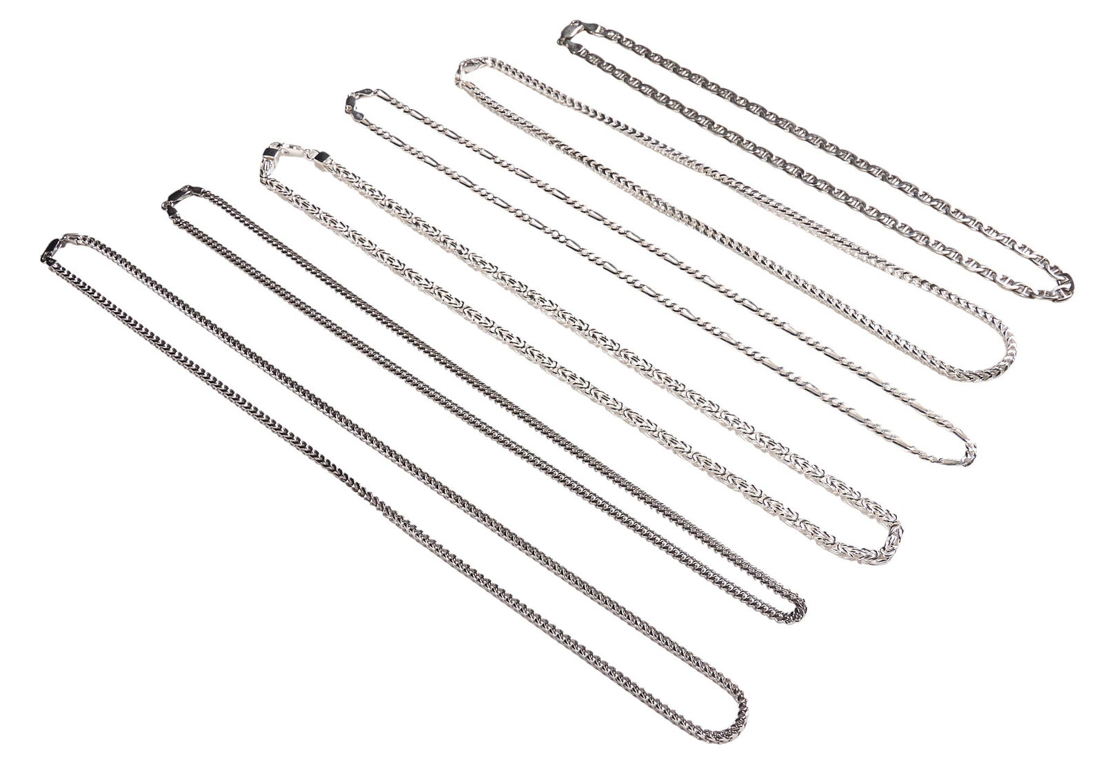 (6) Sterling Silver Chains: Collection of five sterling silver chains, all marked "925"Length: 24 in. / longest Total weight: 4.49 oztProvenance: Property from a North San Antonio, Texas collection