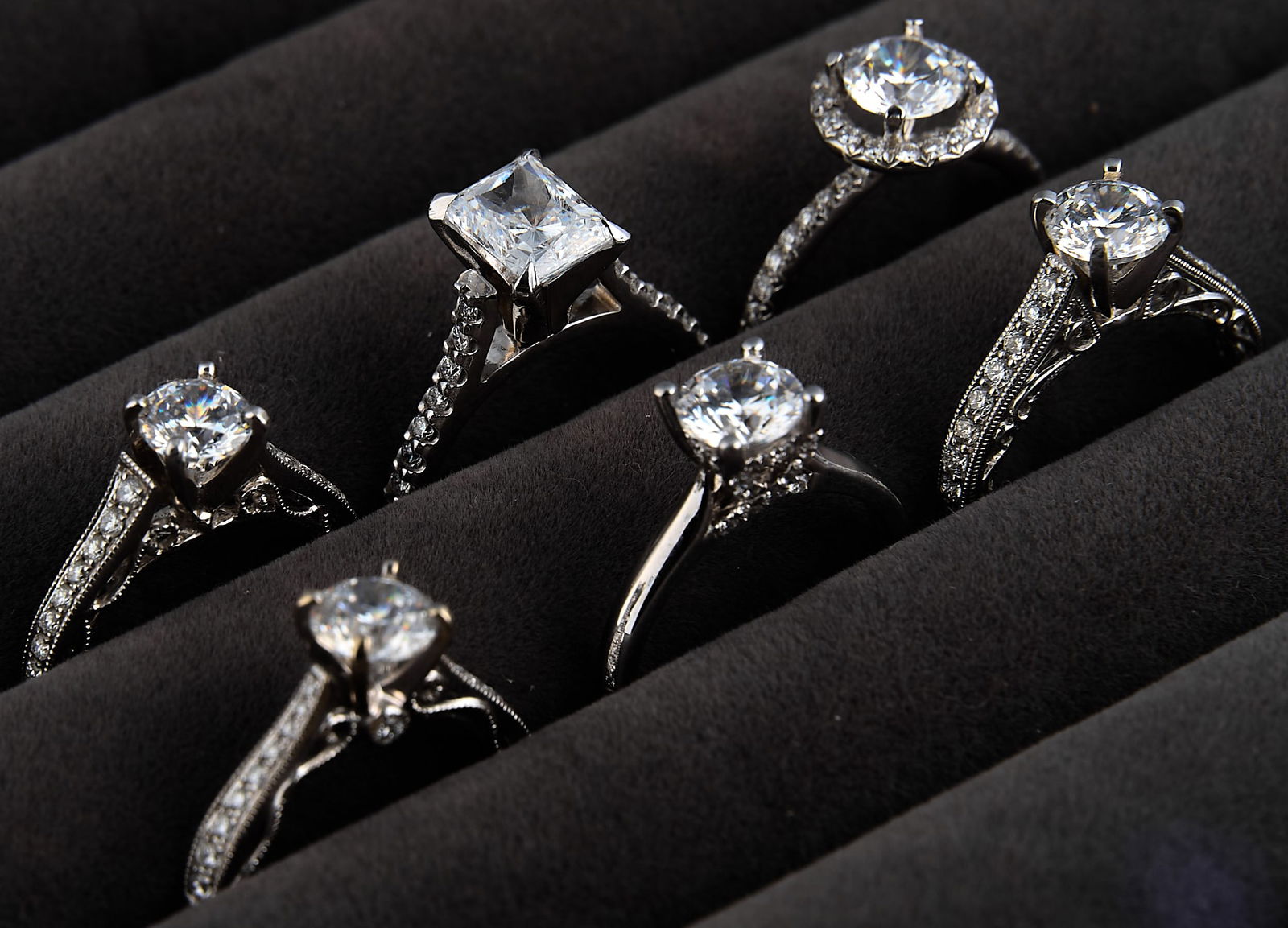 (6) 14K Ring Settings: Six 14K white gold engagement ring settings, with cubic zirconia center stones, all marked "14K" or "585"Total weight: 21.3 gProvenance: Property from a North San Antonio,