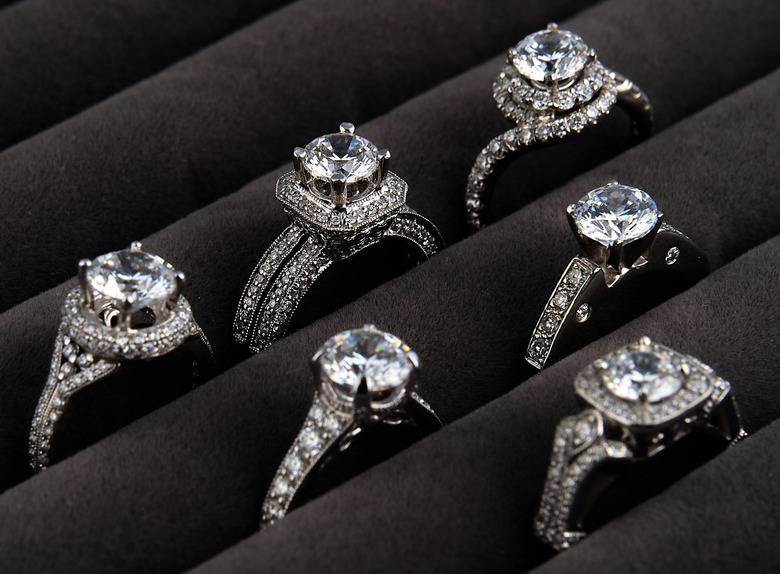 (6) 14K Ring Settings: Six 14K white gold engagement ring settings, with cubic zirconia center stones, all marked "14K" or "585"Total weight: 29.8 gProvenance: Property from a North San Antonio, Texas