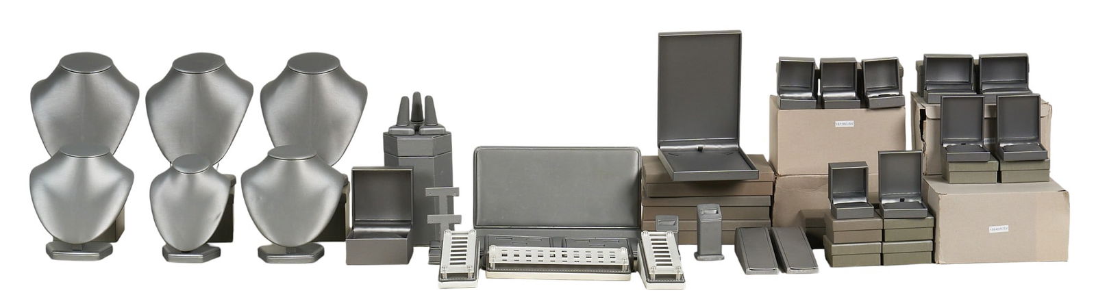 Large Collection of Jewelry Display Fixtures: A large collection of jewelry display fixtures including necklace busts, ring displays, and various boxes, not all pictured, sold as isProvenance: Property from a North San Antonio, Texas collection