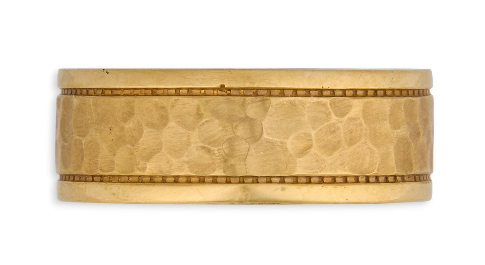 14K Men's Wedding Band: 14K yellow gold men's wedding band, with hammered finish, marked "14K" Size: 11Total weight: 6.3 g Provenance: P