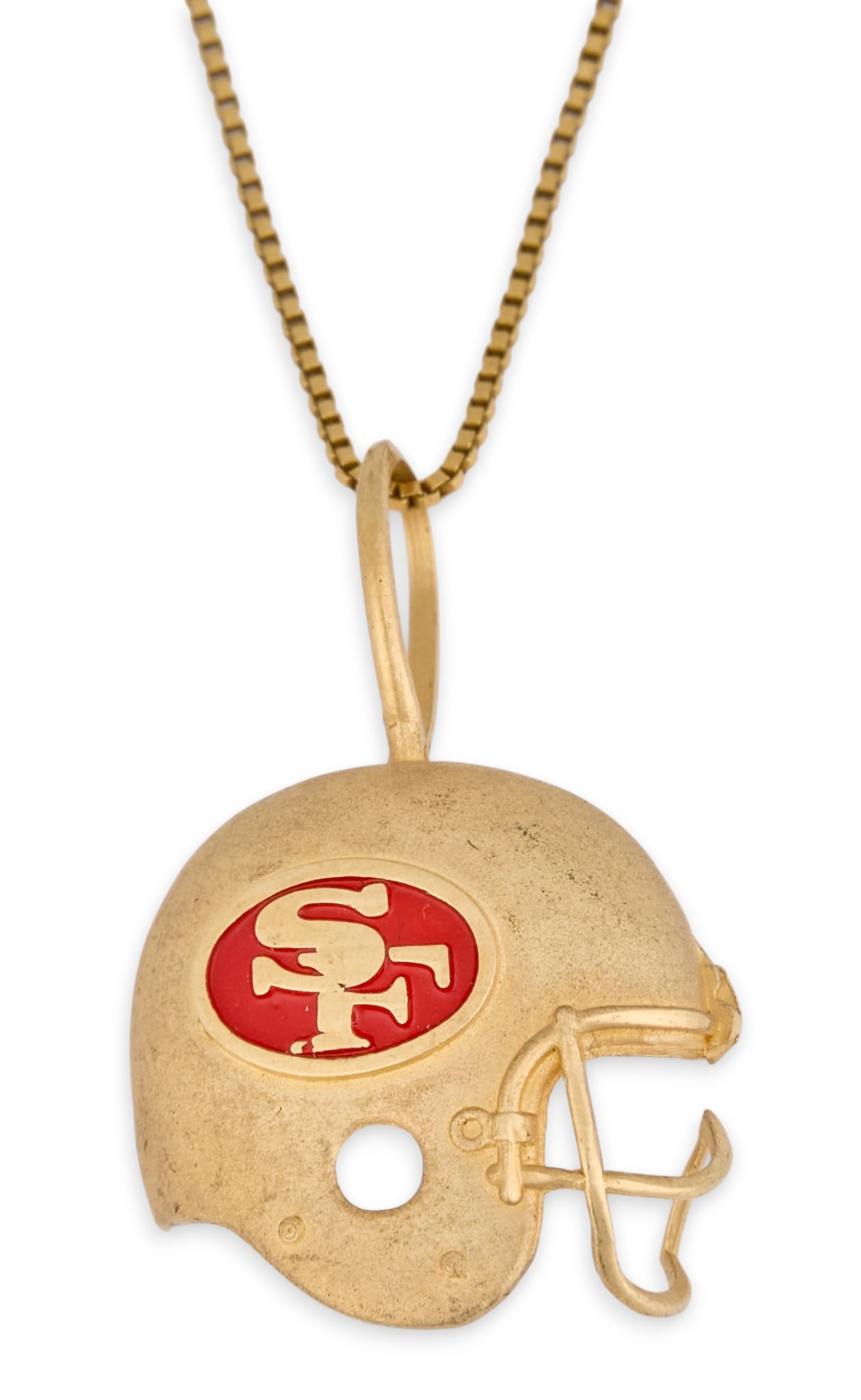 14K San Francisco 49ers Pendant Necklace: 14K yellow gold chain necklace with San Francisco 49ers helmet pendant, pendant marked "14K" Length: 24 in.Total weight: 5.6 g Provenance: Property from the Dominion home of a prominent San