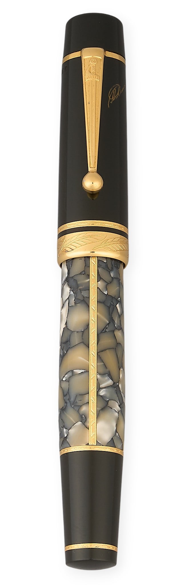 Montblanc Dumas Fountain Pen: Montblanc Writers Edition “Alexandre Dumas” fountain pen, marbled resin barrel with gilt accents, engraved Alexandre Dumas signature, fitted with an 18K gold nib marked “4810”