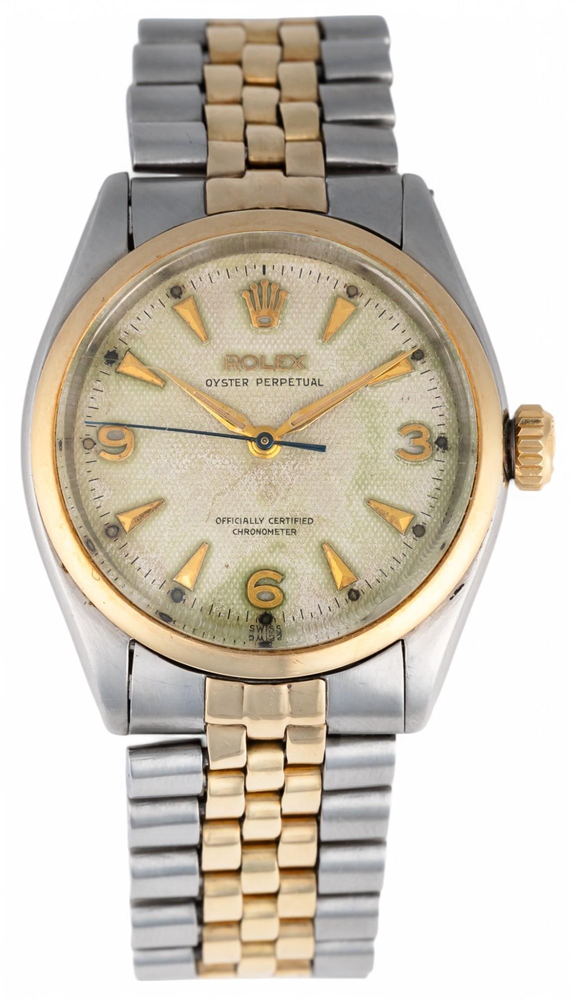 Vintage Two Tone Rolex: Vintage two tone Rolex wrist watch, approximately 1950s with Rolex box Circumference: 8 in.Total weight: 78.4 g Provenance: Property from a home in San Antonio, Texas Condition: Slight wear 