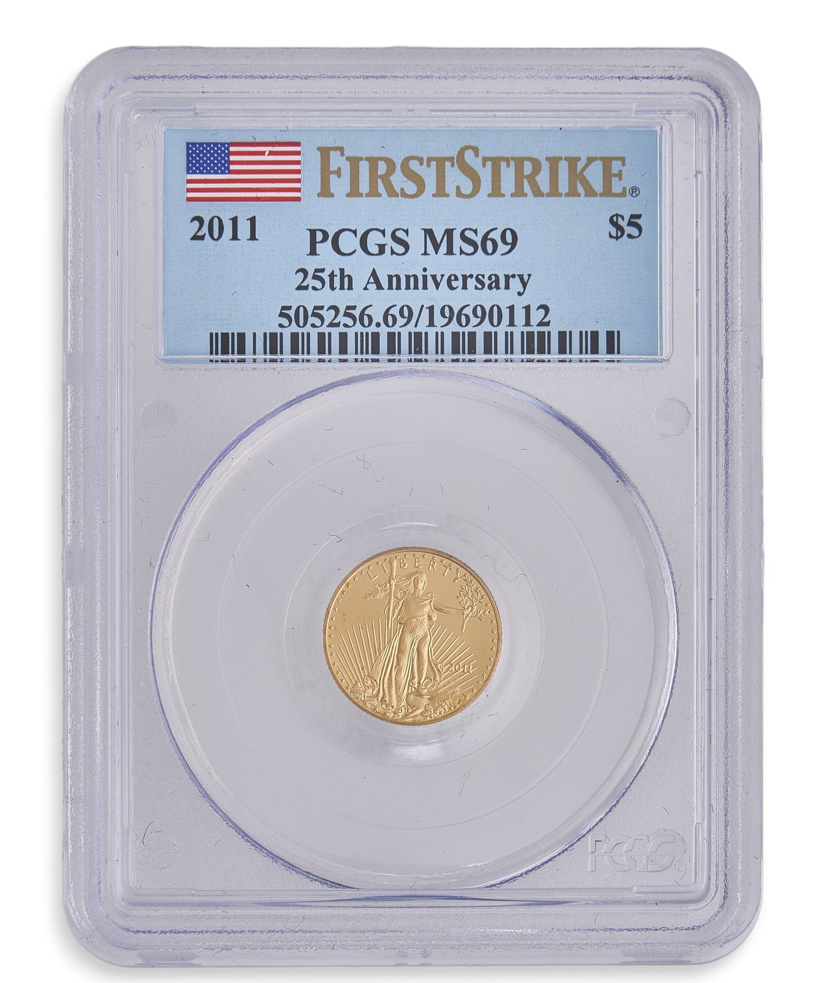 2011 $5 American Gold Eagle Coin: 2011 $5 American gold eagle coin, MS69, PCGS slabbed and graded Provenance: Property from a home in San Antonio, Texas