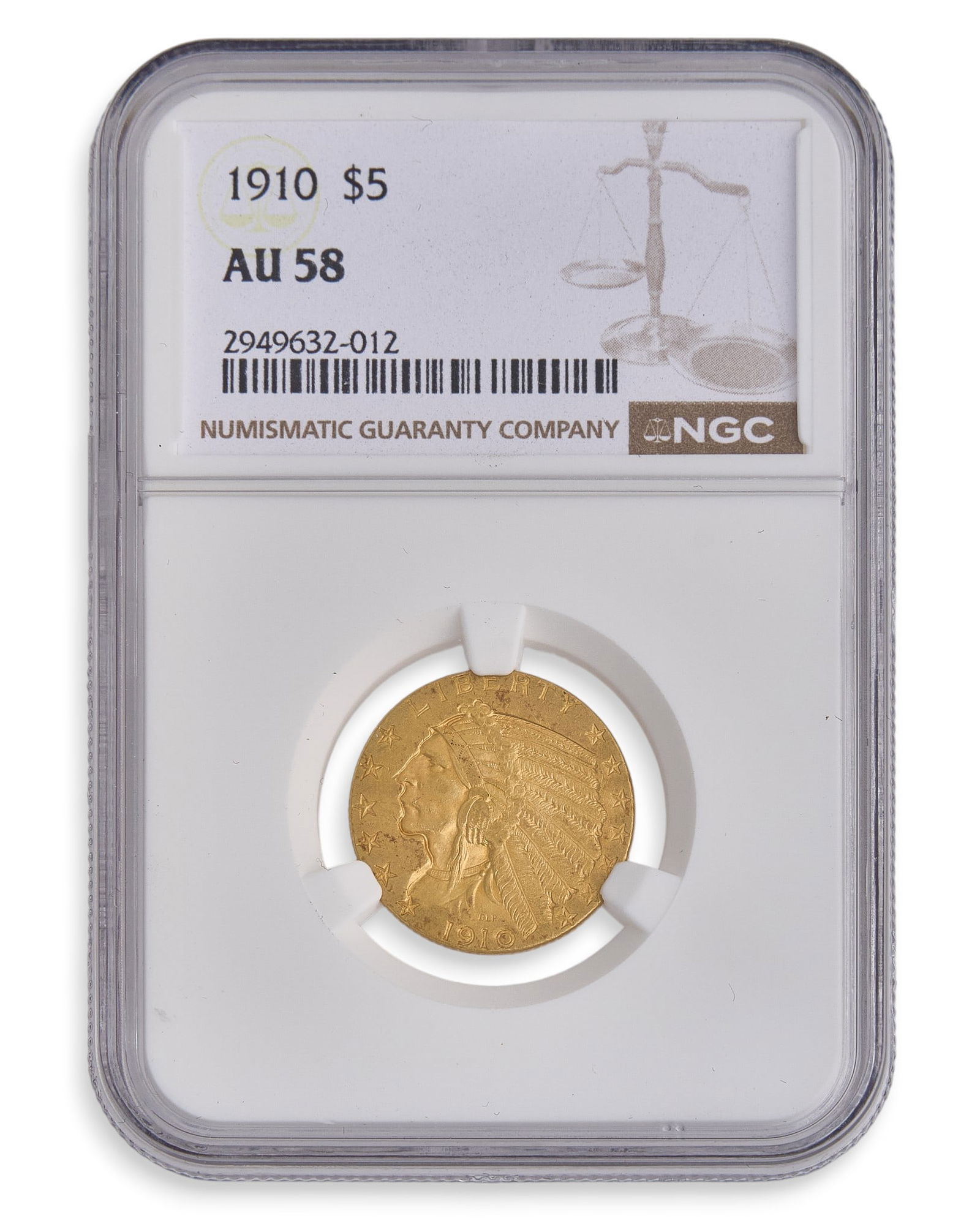 1910 AU58 $5 Indian Head Half Eagle Gold Coin: 1910 $5 Indian Head half eagle gold coin, slabbed and graded AU58 Provenance: Property from a home in San Antonio, Texas