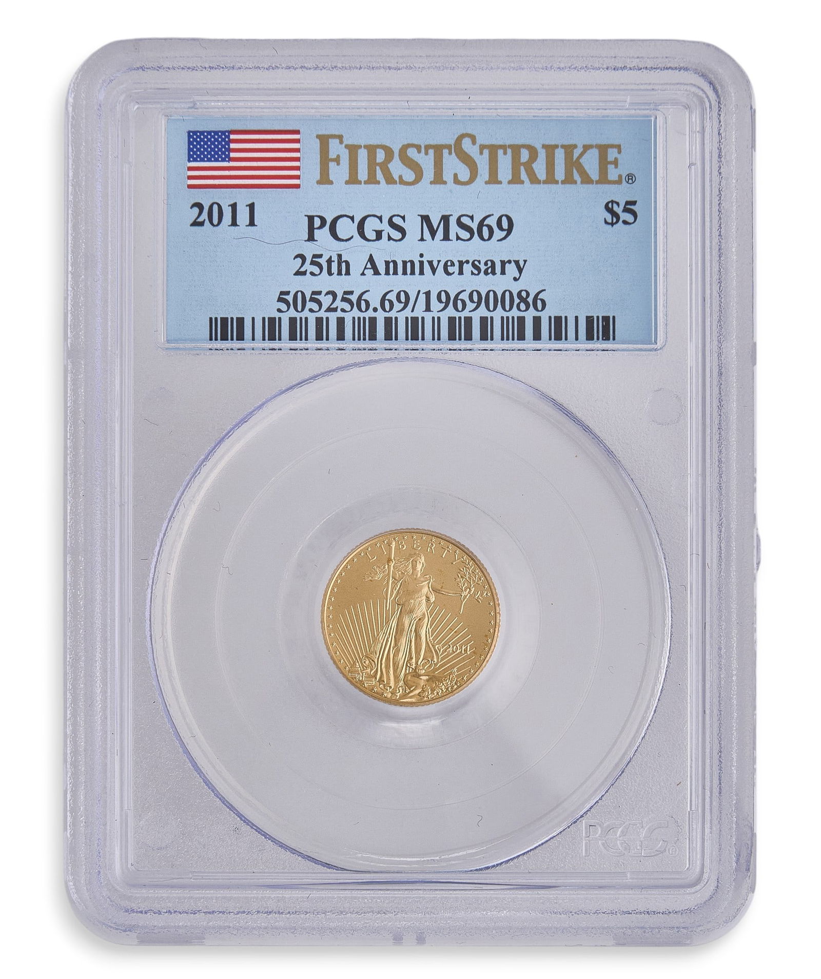 2011 $5 American Gold Coin: 2011 $5 American gold coin, MS69, PCGS slabbed and graded Provenance: Property from a home in San Antonio, Texas