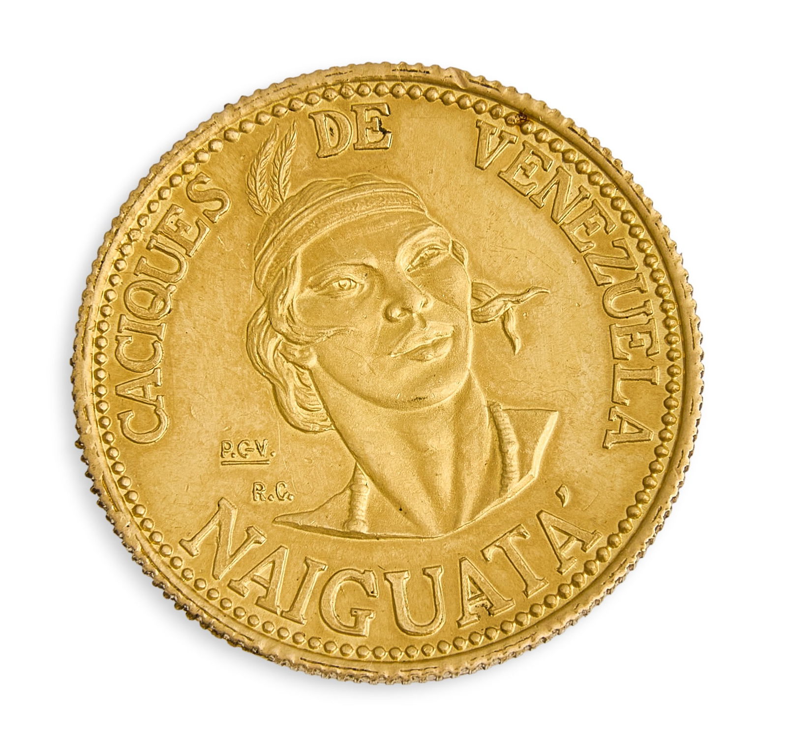 Caciques de Venezuela Chief Naiguata Gold Coin: 1957 Venezuelan 20 Bolivares gold coin, from the Caciques de Venezuela series, honoring Chief Naiguata Total weight: 5.8 g Provenance: Property from a home in San Antonio, Texas