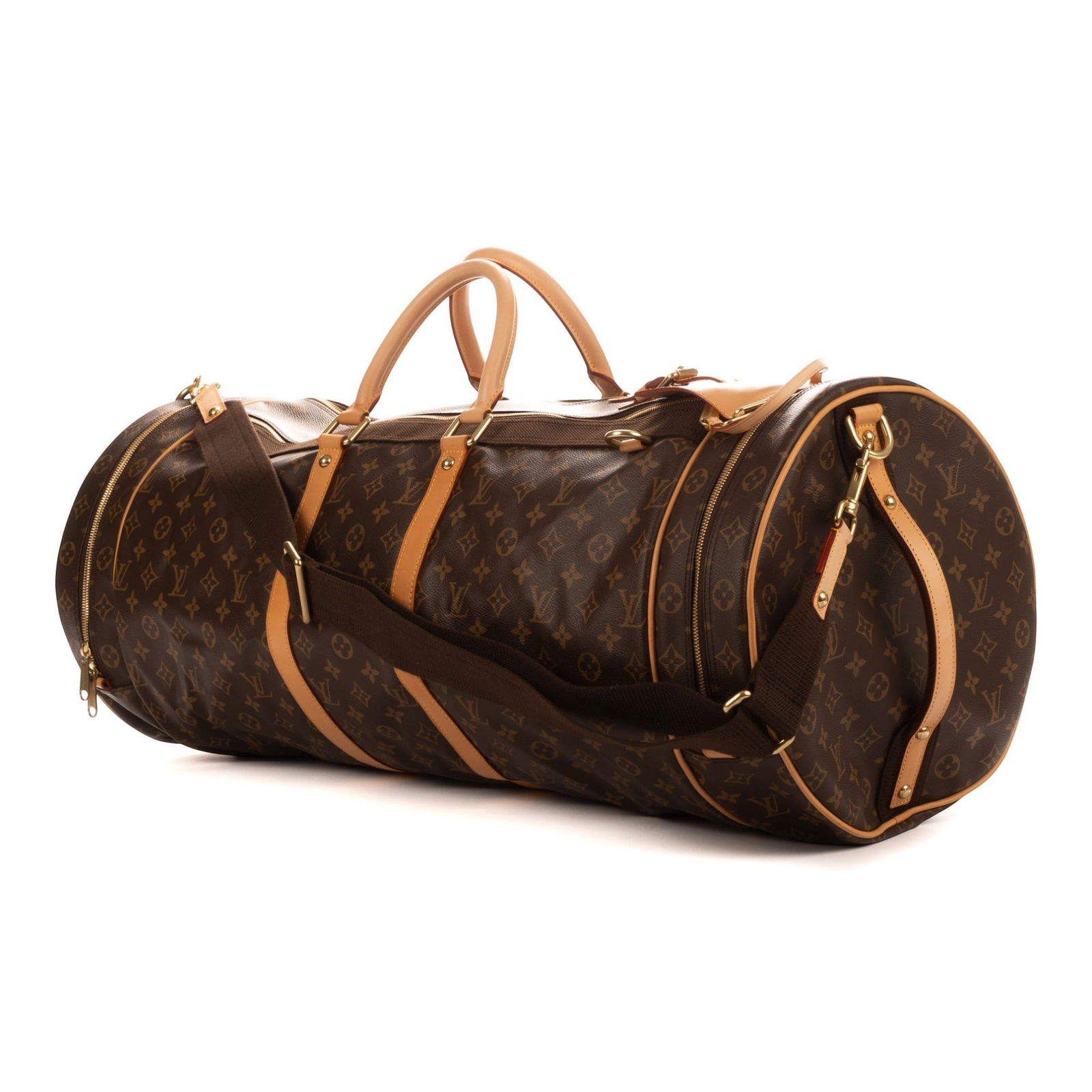 Louis Vuitton Athletisme Travel Bag: Louis Vuitton Athletisme travel bag in brown monogram, with vachetta handles, removable adjustable nylon strap, and golden brass hardware, marked CA0034, includes strap, luggage tag; third-party
