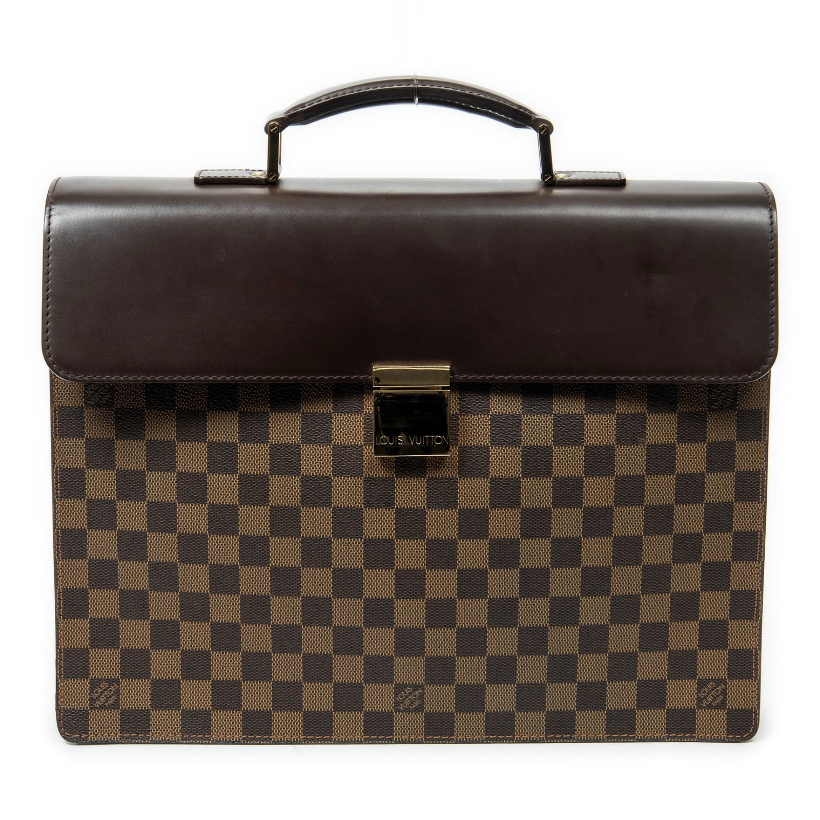 Louis Vuitton Altona PM Briefcase: Louis Vuitton Altona PM briefcase in brown damier ebene, with golden brass hardware, marked RI0074 (July 2004); third-party authenticated 14.5 in. x 11.75 in. x 2.75 in. Condition AA; perfect conditio