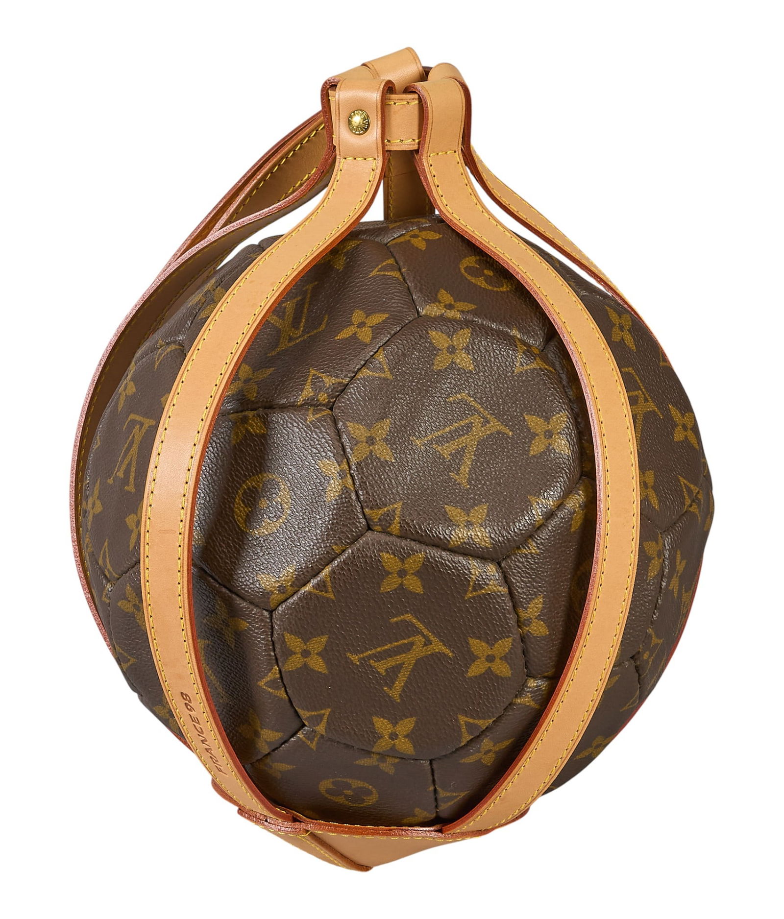 Louis Vuitton 1998 World Cup Soccer Ball: Louis Vuitton for the 1998 FIFA World Cup soccer ball in monogram canvas with vanchetta leather holder10 in. x 10 in. x 10 in. / not including strapCondition A; excellent condition, shows little
