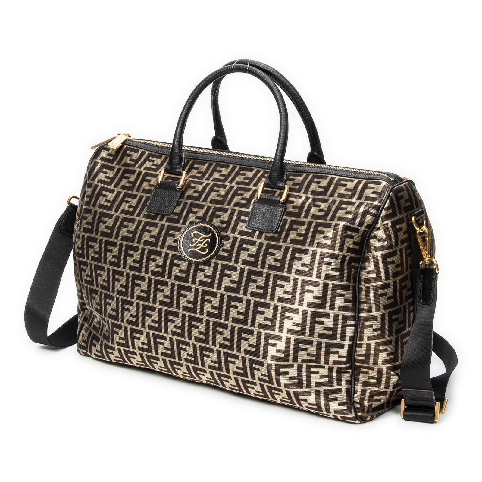 Fendi Large Weekender Travel Bag: Fendi Large Weekender travel bag in gold and black metallic zucca canvas, with black leather handles, and golden hardware, marked 7VA430-A91T-199-3262, includes long strap; third-party