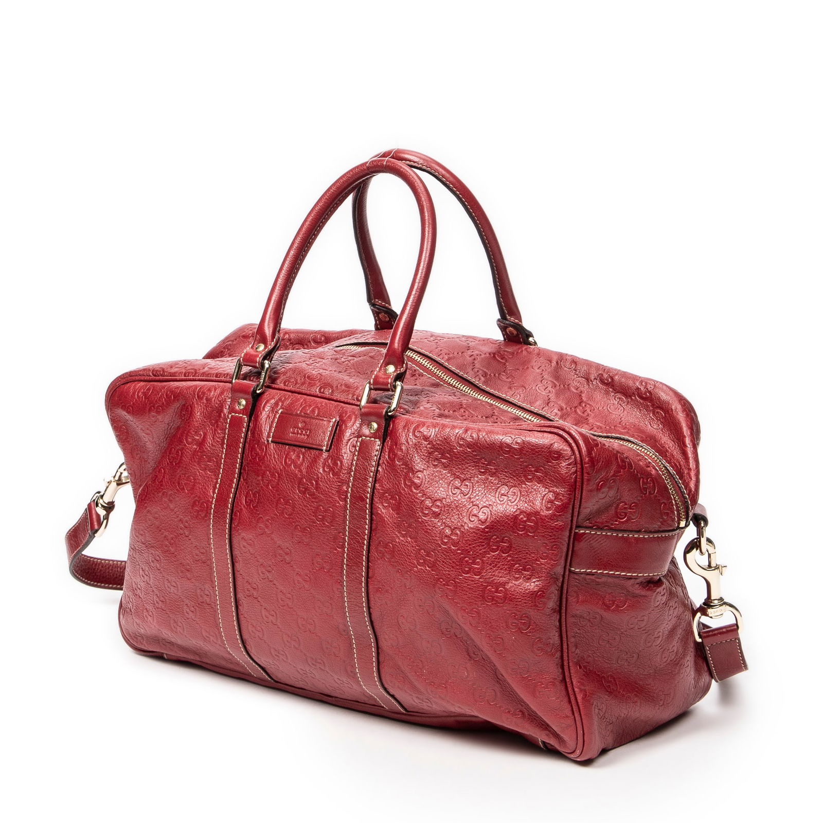 Gucci Medium 2-Way Boston Shoulder Bag: Gucci Medium 2-Way Boston shoulder bag in red guccissima leather with red leather handles, and gold hardware, marked 201539-200047, includes strap; third-party authenticated16.25 in. x 8.75 in. x