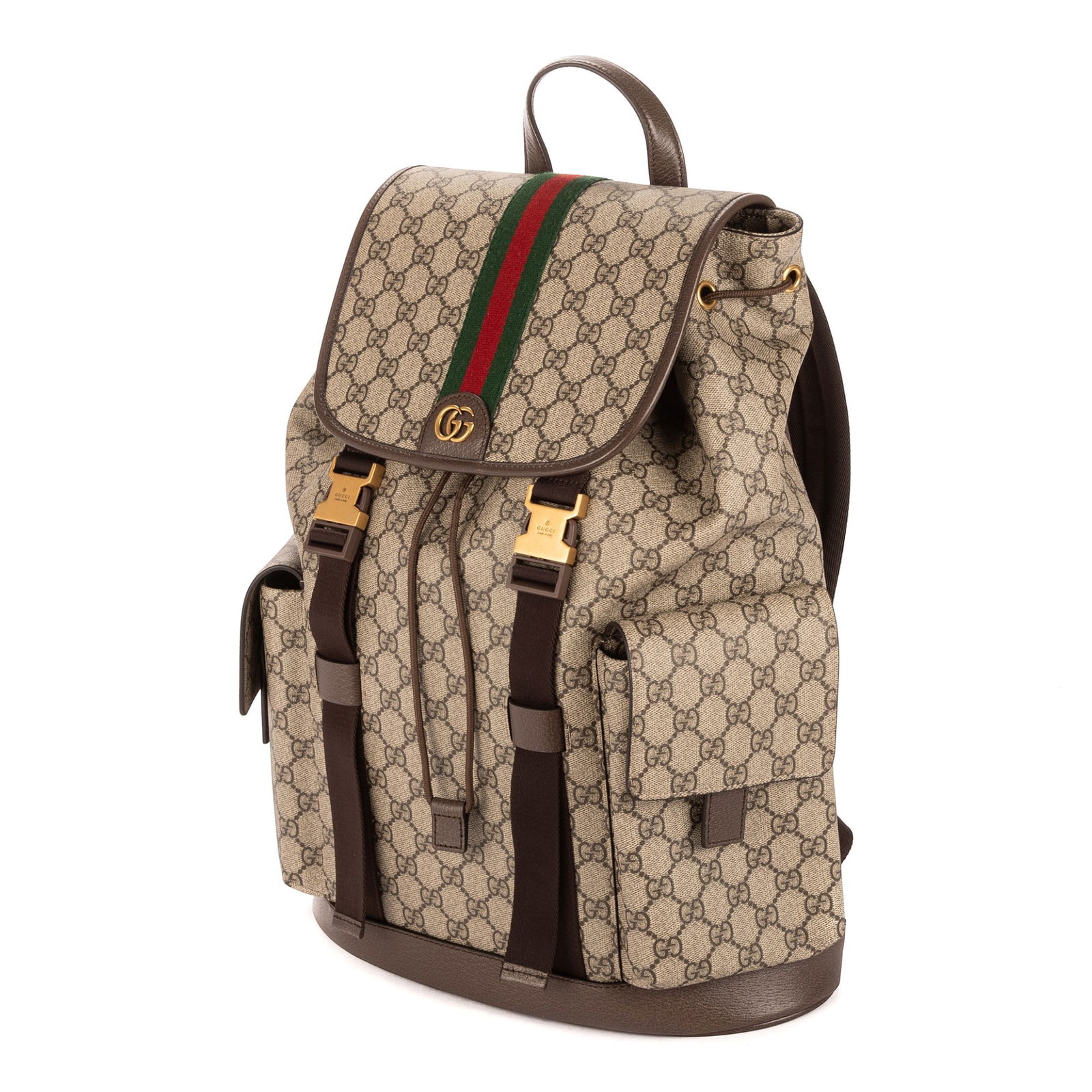 Gucci Ophidia Backpack Large Bag: Gucci Ophidia Backpack Large bag in beige and brown GG monogram canvas, with brown leather handles, and golden hardware, marked 839110-493075, includes certificate of authenticity; third-party au