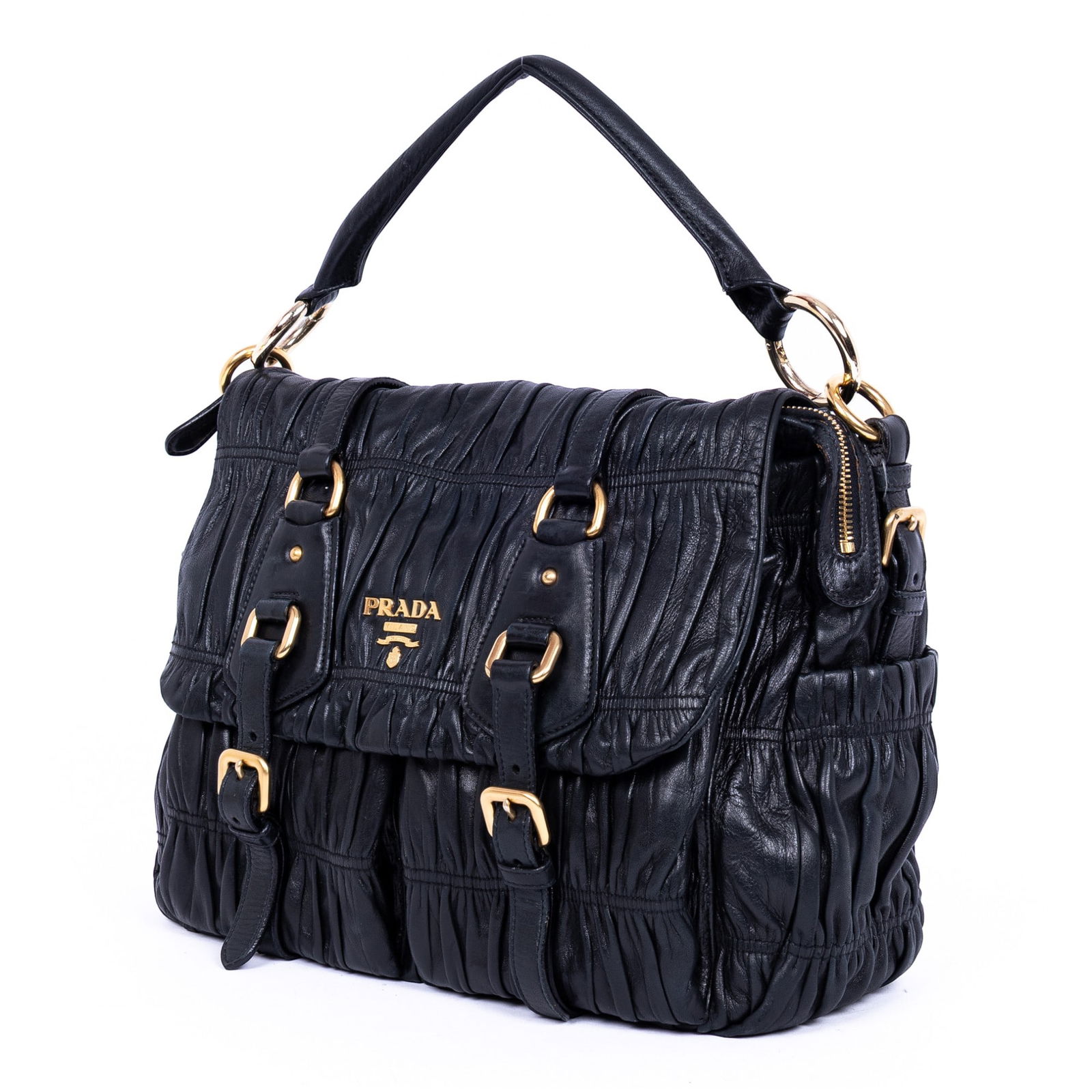 Prada Men's Large Messenger Shoulder Bag: Prada Men's Large Messenger shoulder bag in black nappa gaufre leather, with black leather handle, and golden hardware, marked 50; third-party authenticated13 in. x 11.75 in. x 4 in.Condition A;