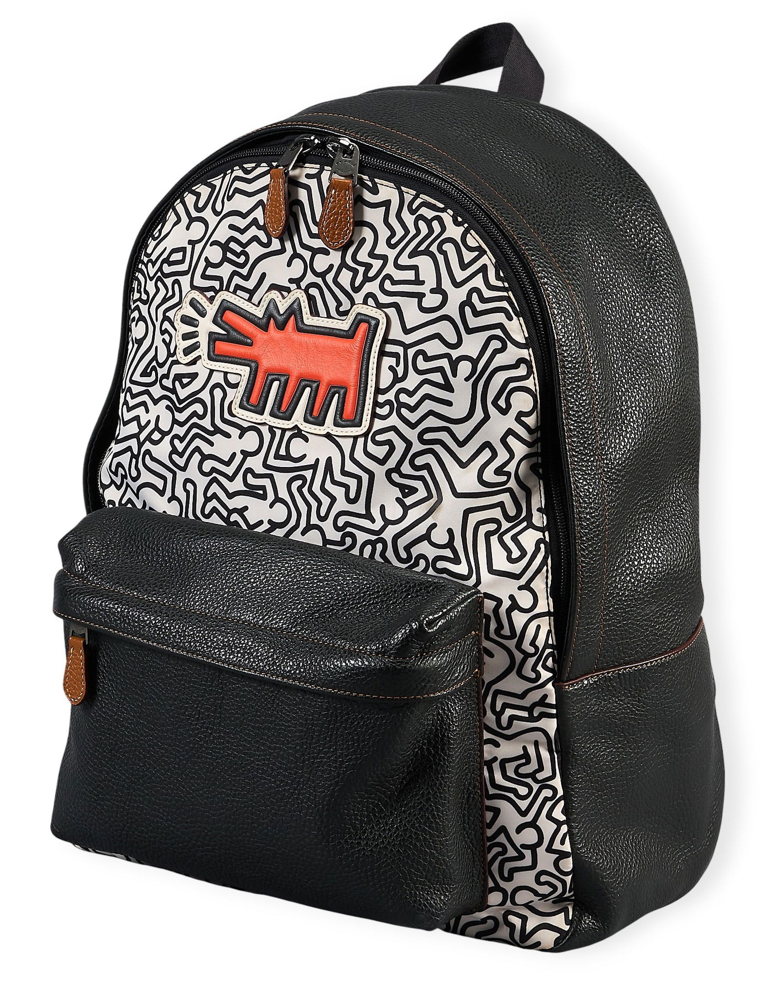 Coach Keith Haring Backpack: Coach with Keith Haring backpack in black leather and graphic Haring pattern nylon backpack, with gun metal hardware and brown leather accents17 in. x 13 in. x 9 in. Condition A;