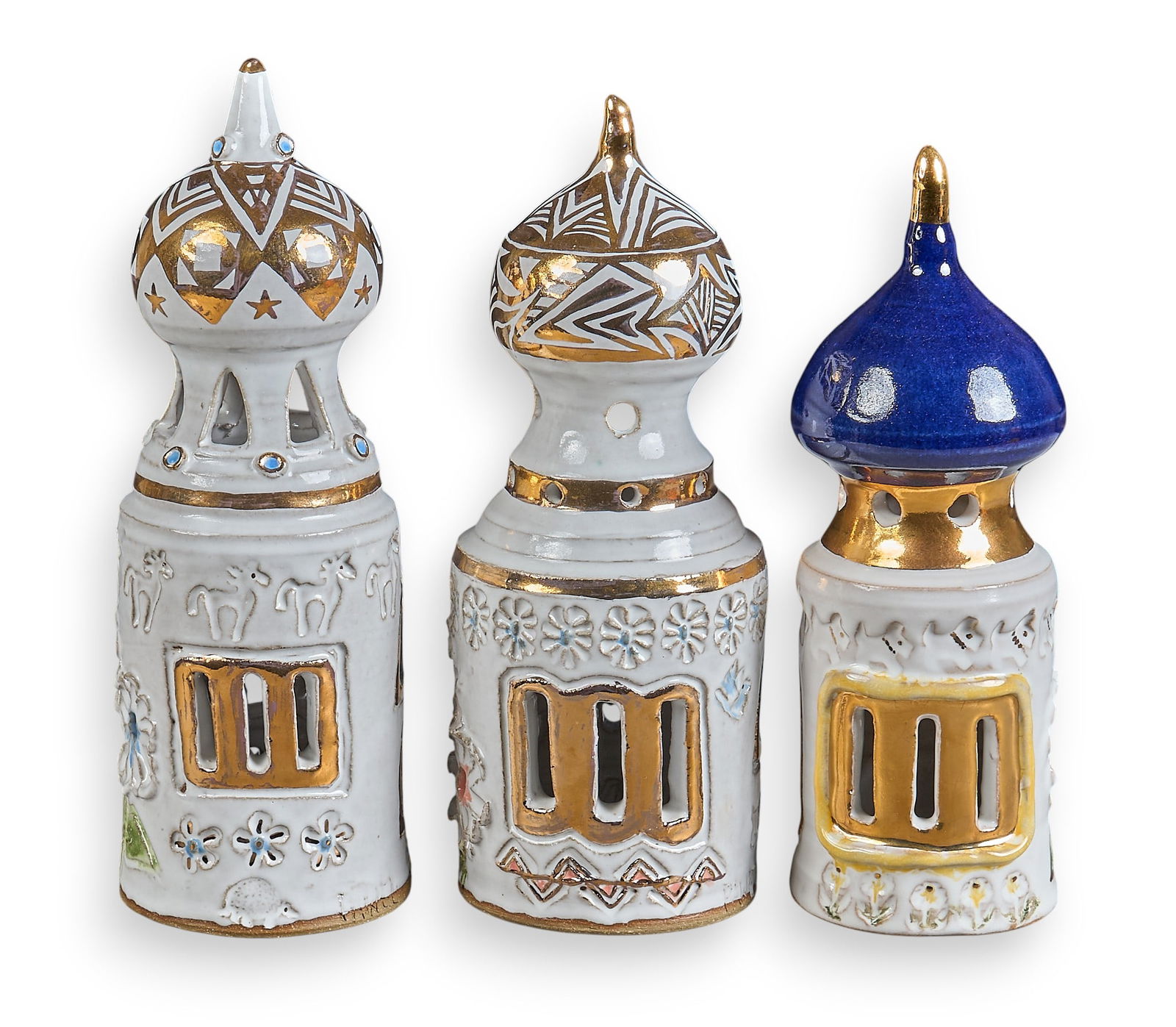 (3) Nancy Pawel Christmas Castles: Nancy Emma Ray Pawel (Texas / Massachusetts, 1928-2021) three vintage glazed pottery castles with golden detailing, all signed, dated 1998, 1998, and 2002; called a "Christmas Castle"