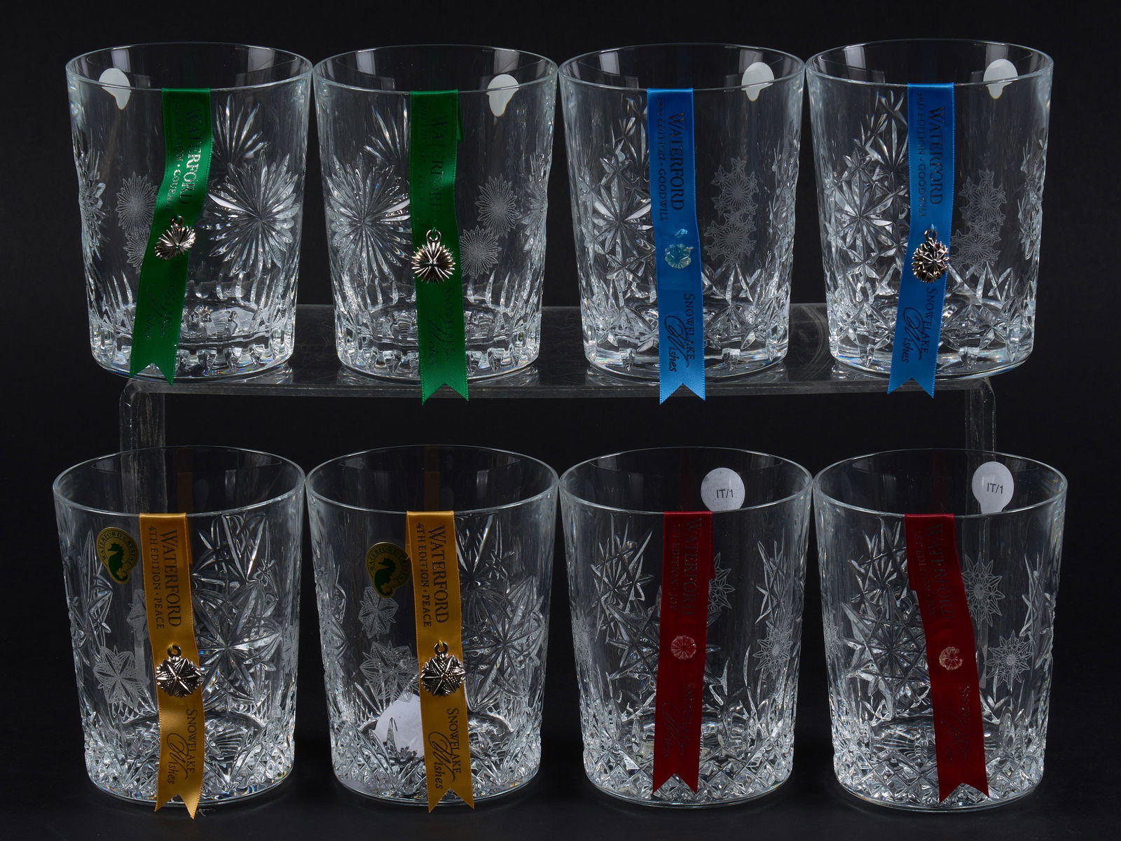 (8) Waterford Snowflake Wishes Glasses: Collection of eight limited edition Waterford Snowflake Collection glasses, with two of each pattern, includes Peace 4th Edition, Wishes of Courage, Goodwill 3rd Edition, and Wishes of Joy