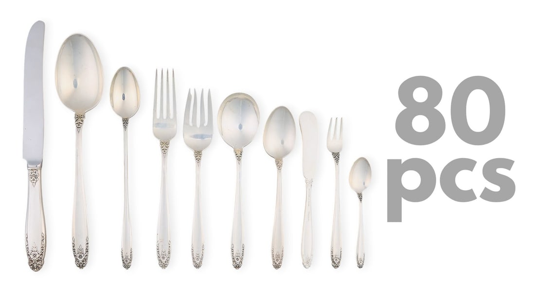 "Prelude" by International Sterling Flatware Set: "Prelude" by International Sterling sterling silver flatware set of 80 pc, service for eight, no monogram or removal Includes:8 dinner knives 9 1/4 in.8 dinner forks 7 1/4 in.8 sal