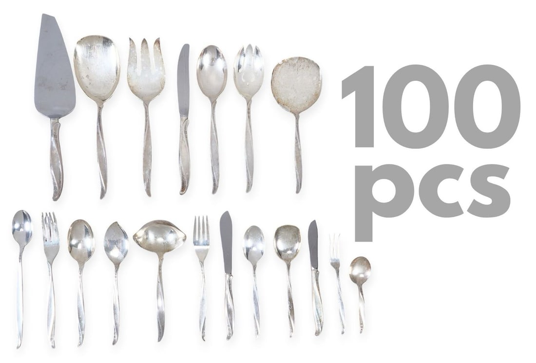 "Pine Spray" by International Silver Sterling Flatware Set: "Pine Spray" by International Silver, flatware set of 100 pcs, service for twelve, with no monogram or removal Includes: 12 dinner knives12 dinner forks12 salad forks11 teaspoons12 dinner sp