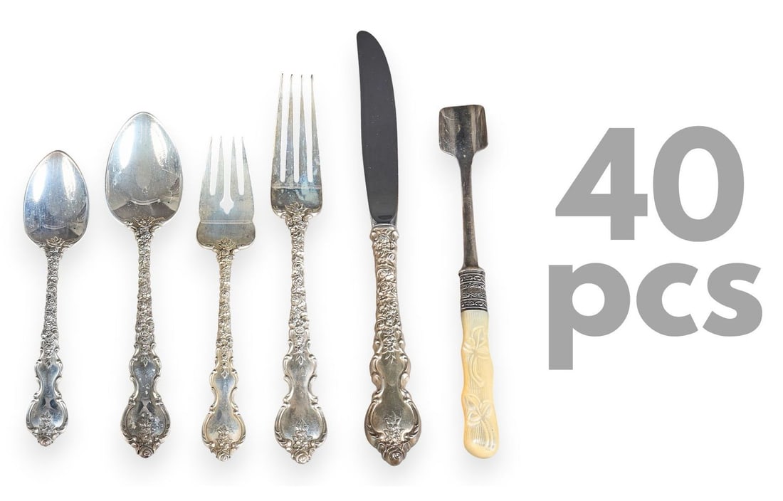 "Du Berry" by International Sterling Partial Flatware Set: International Sterling partial sterling silver flatware set of 40 pieces, marked "International Sterling" and "Du Berry" Includes: 8 forks 8 spoons 8 dessert spoons 8 salad f