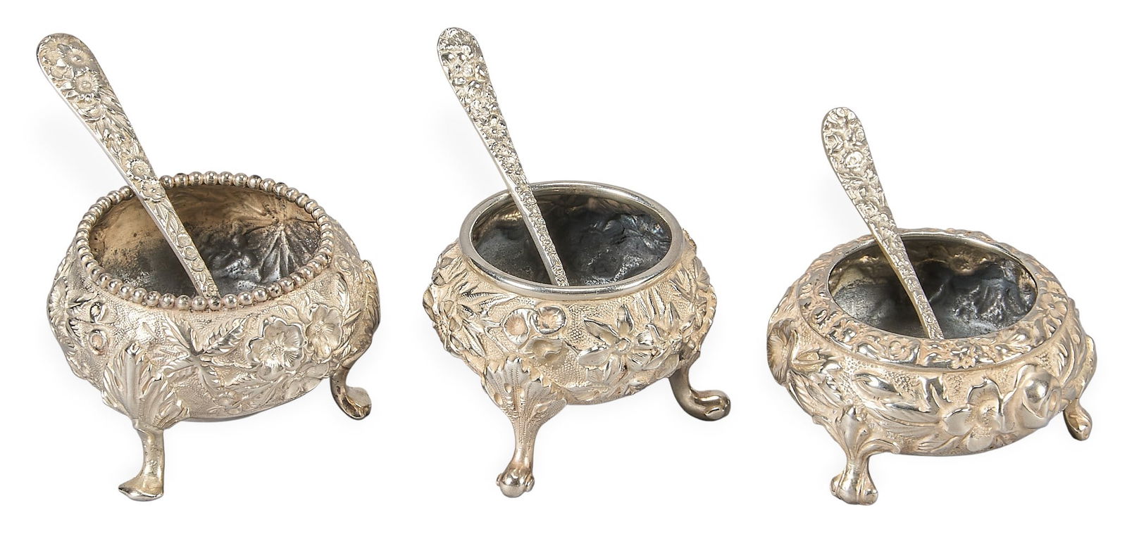 (3) Sterling Silver Repousse Salt Holders with Spoons (1 of 6)