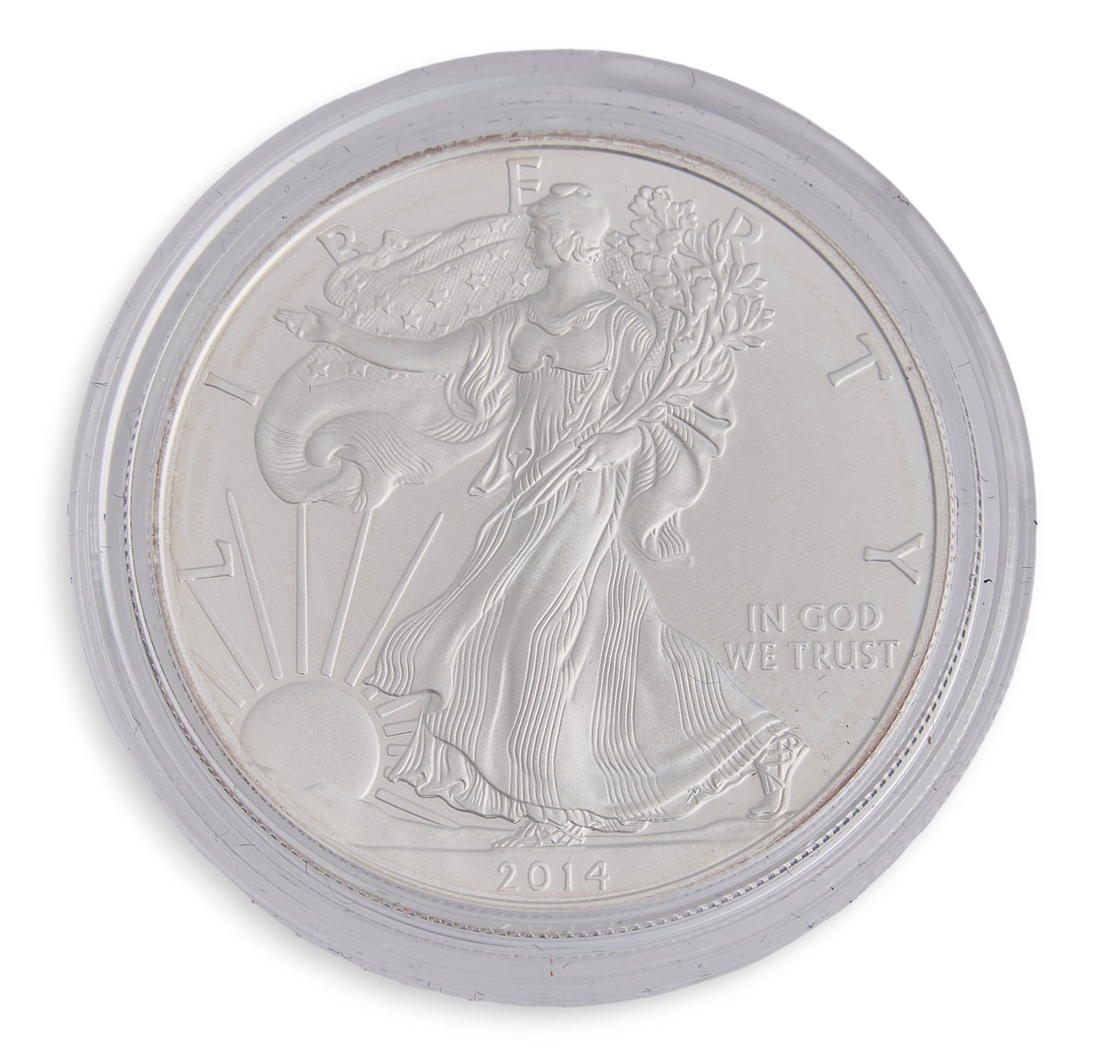 2014 Proof American Silver Eagle Coin: 2014 proof American Silver Eagle coin, one ounce fine silver, boxed with COAProvenance: Property from a home in San Antonio, Texas