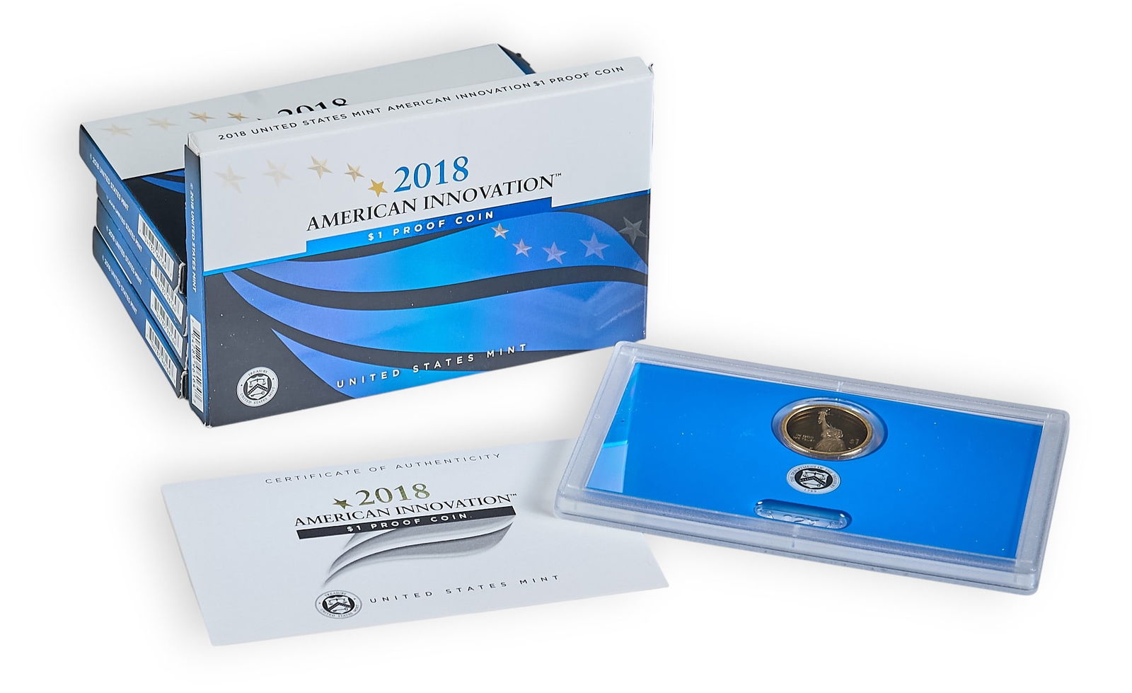 (5) 2018 American Innovation 1 Dollar Proof Coins: Five 2018 American Innovation 1 Dollar Proof Coins, in original presentation boxesProvenance: Property from a home in San Antonio, Texas