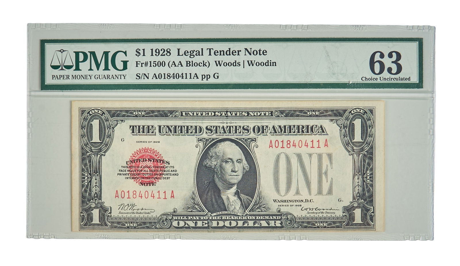 1928 1 Dollar Legal Tender Note: 1928 $1 Legal Tender Note, PMG graded 63 Choice UncirculatedProvenance: Property from a home in San Antonio, Texas
