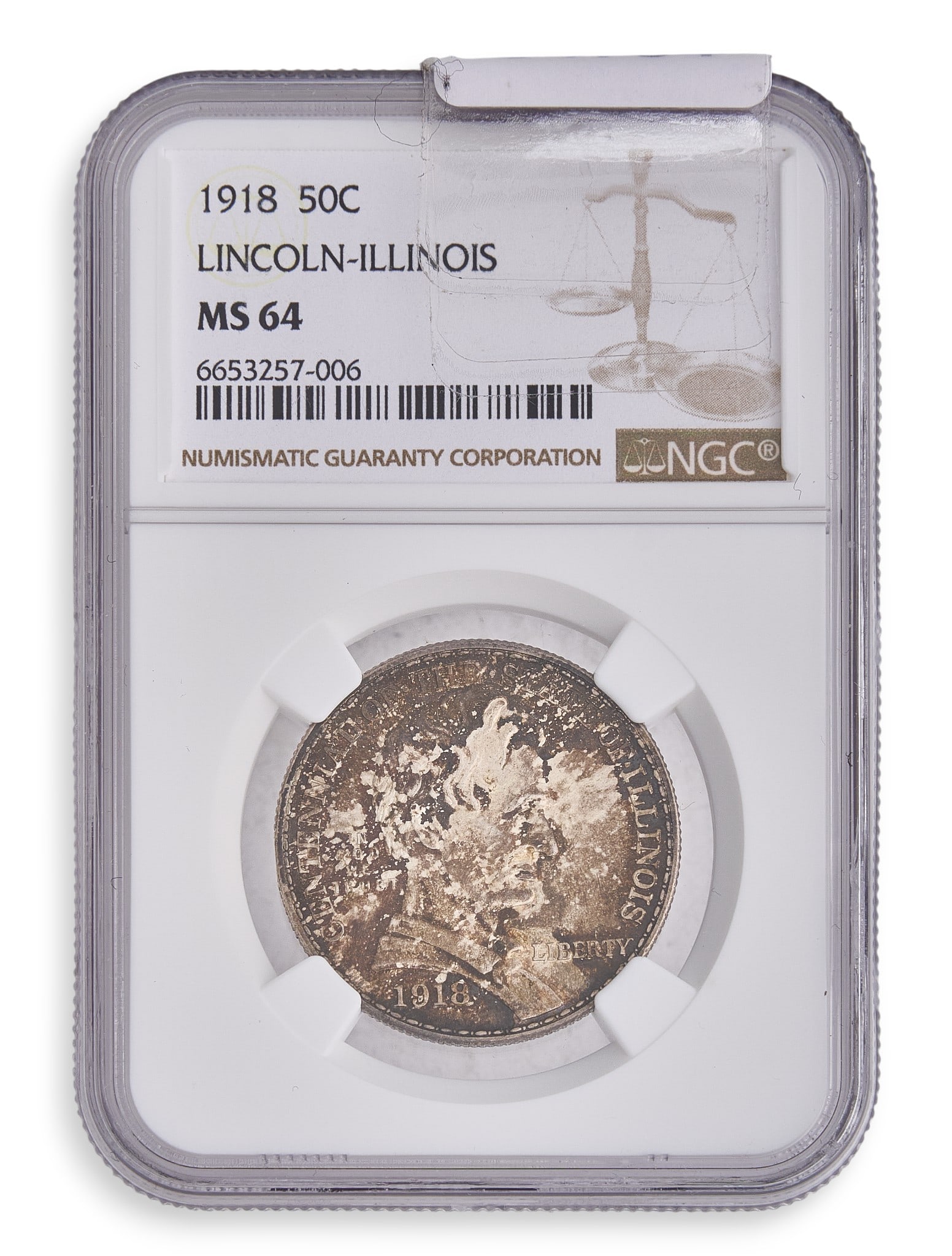 1918 Lincoln-Illinois Centennial Half Dollar: 1918 Lincoln-Illinois Centennial half dollar, slabbed graded MS64 by NGCProvenance: Property from a home in San Antonio, Texas