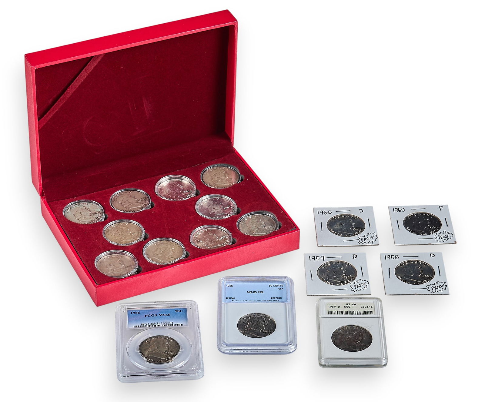 (17) Franklin Silver Half Dollars: Collection of seventeen Franklin Silver Half Dollars, includes coins in red presentation box and individual protective cases, various dates and mint marksProvenance: Property from a home in San