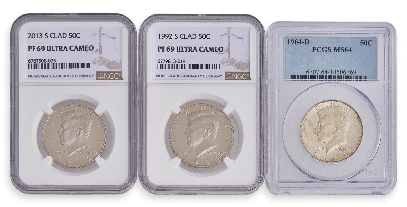 (3) Graded Ultra Cameo Kennedy Half Dollars: Three graded Kennedy Half dollars, to include 1964-D Kennedy Half Dollar graded MS64 by PCGS, 1992 S Clad Graded PF69 Ultra Cameo, and 2013 S Clad Graded PF 69 Ultra Cameo