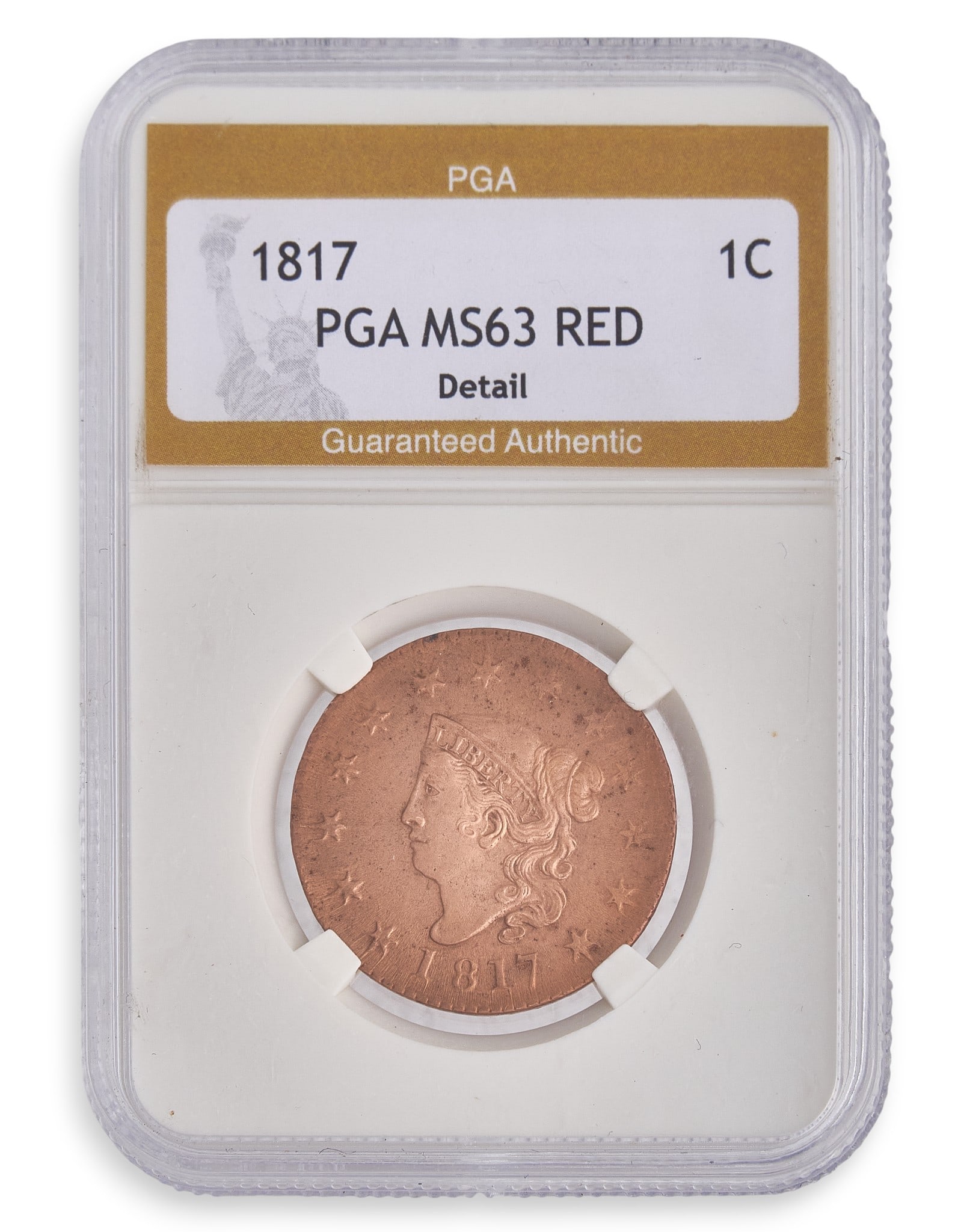 1817 US Coronet Head Large Cent: 1817 Coronet Head Large Cent coin, graded MS63 Red by PGAProvenance: Property from a home in San Antonio, Texas