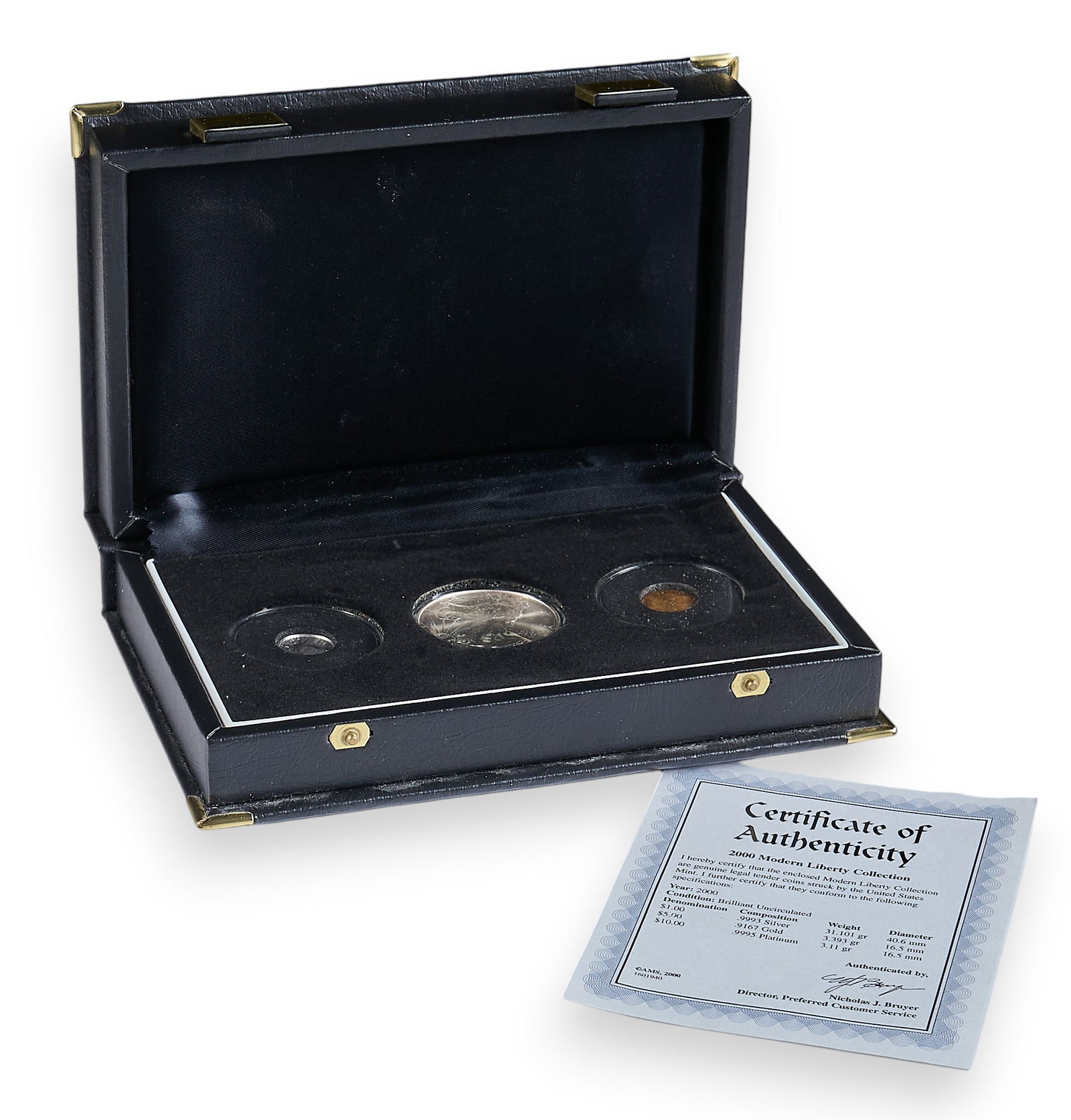 2000 Modern Liberty Collection Coin Set: 2000 Modern Liberty Collection coin set, includes one $1 .9993 silver coin, one $5 .9167 gold coin, and one $10 .9995 platinum coin, housed in fitted display box, with Certificate of