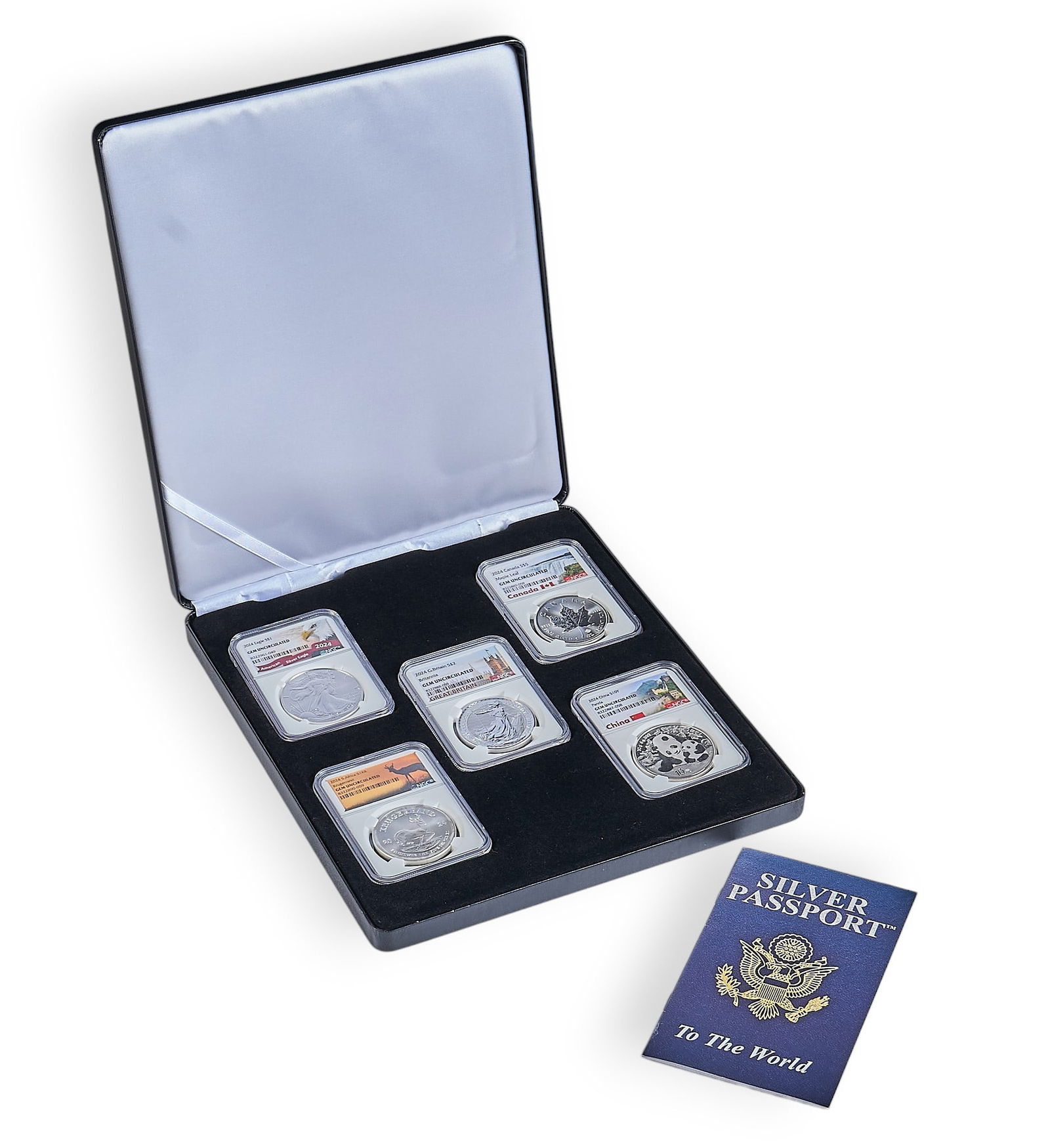 Silver Passport To The World 5pc Silver Coin Set: Silver Passport To The World five-piece silver coin set, to include uncirculated and slabbed silver coins from Great Britain, South Africa, China, Canada, and the United States, with present