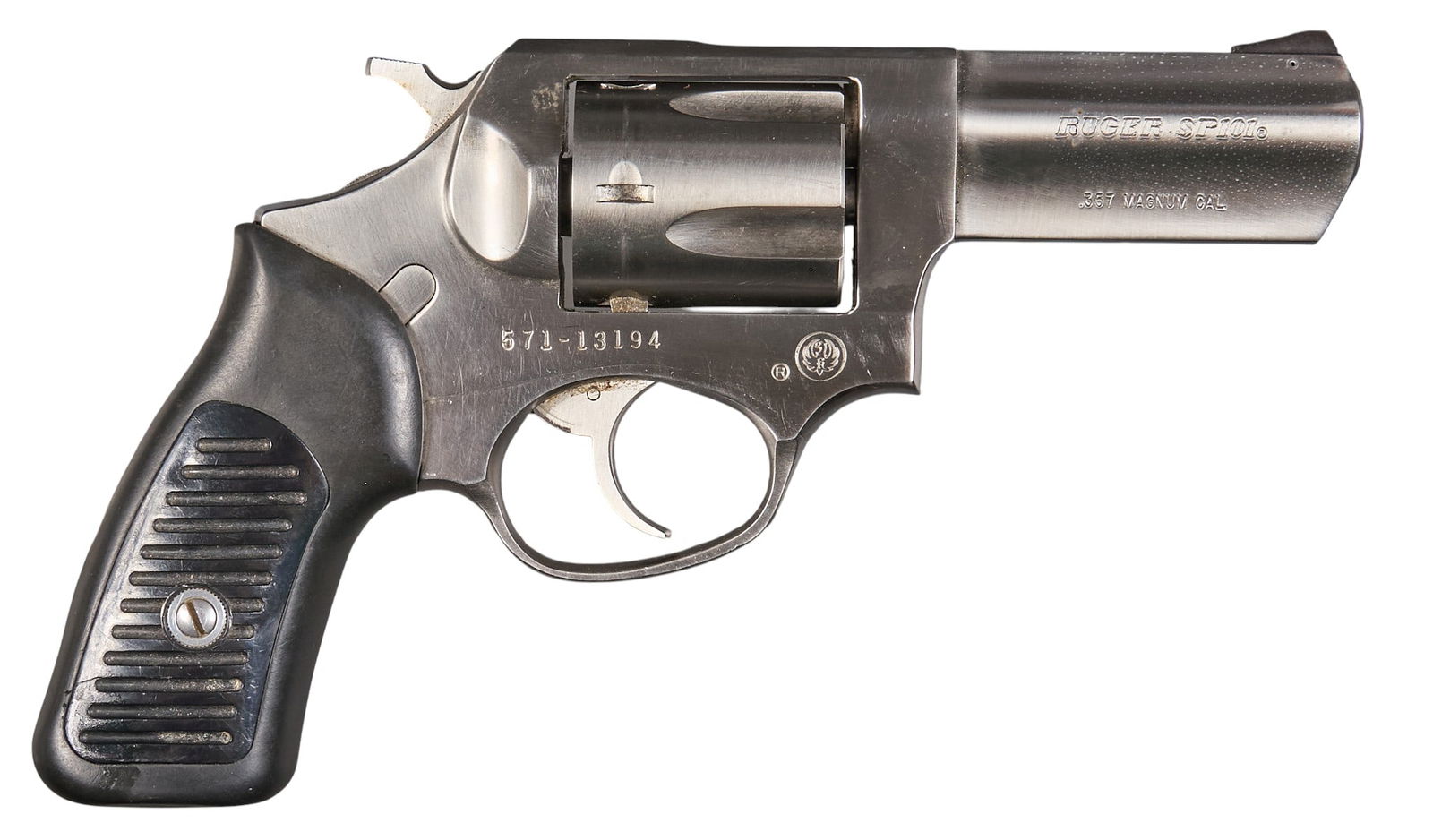Ruger SP101 357 MAG Revolver: Serial: 571-13194Manufacturer: RugerModel: SP101Caliber: 357 MAGBarrel length: 3 in.OAL: 7.25 in.Condition: Good; light wear & handling marks throughout; bore is good with strong rifling, fouling