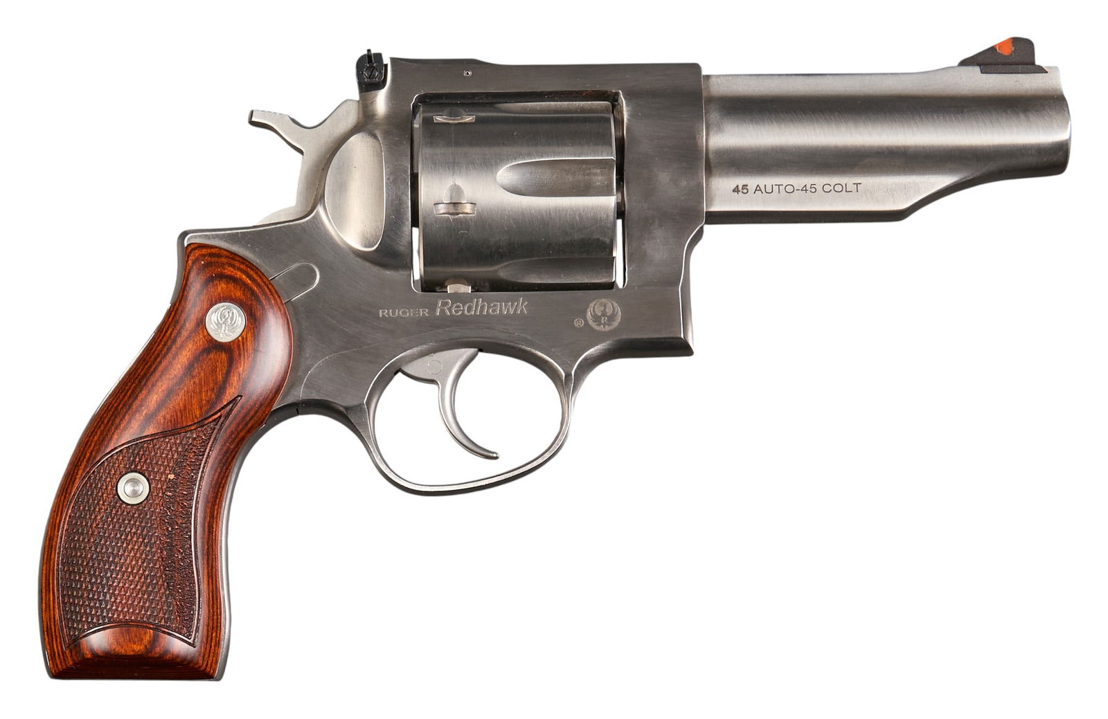 Ruger Redhawk 45 Auto/45LC Revolver: Serial: 503-87487Manufacturer: RugerModel: RedhawkCaliber: 45 Auto / 45 LCBarrel length: 4 in.OAL: 9 in.Condition: Good; light wear & handling marks; bore is mostly very good & bright with str