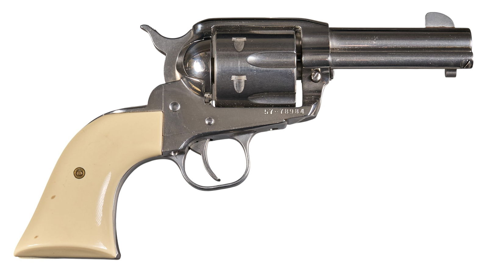 Ruger Vaquero 45LC Revolver: Serial: 57-78984Manufacturer: RugerModel: VaqueroCaliber: 45 LCBarrel length: 3.75 in.OAL: 9.5 in.Condition: Good; light wear & handling marks including scratches; bore is good with strong rifling