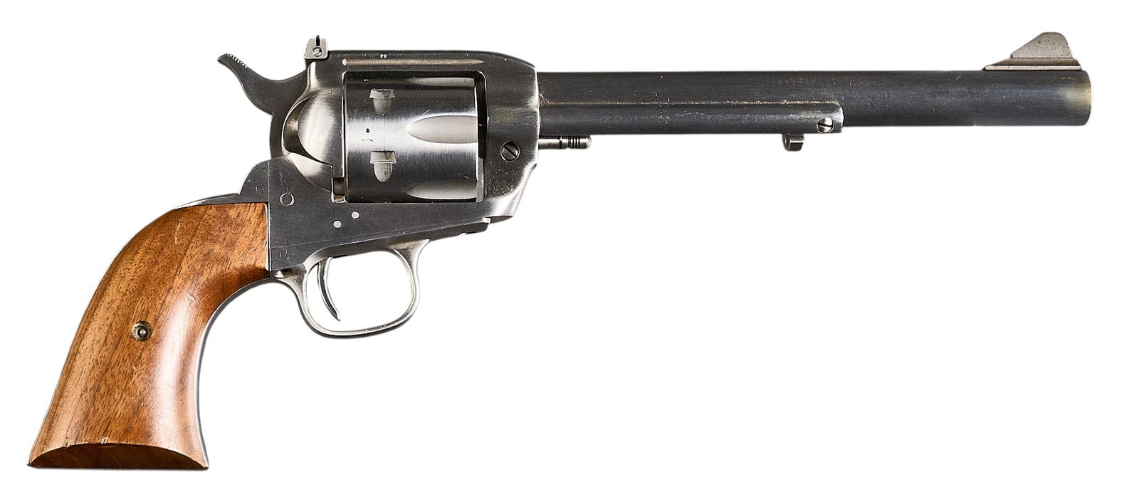 Interarms Virginian Dragoon 44 MAG Revolver: Serial: S10362Manufacturer: InterarmsModel: Virginian DragoonCaliber: 44 MAGBarrel length: 8.375 in.OAL: 13.75 in.Condition: Good; some wear & handling marks throughout with very light oxidation;
