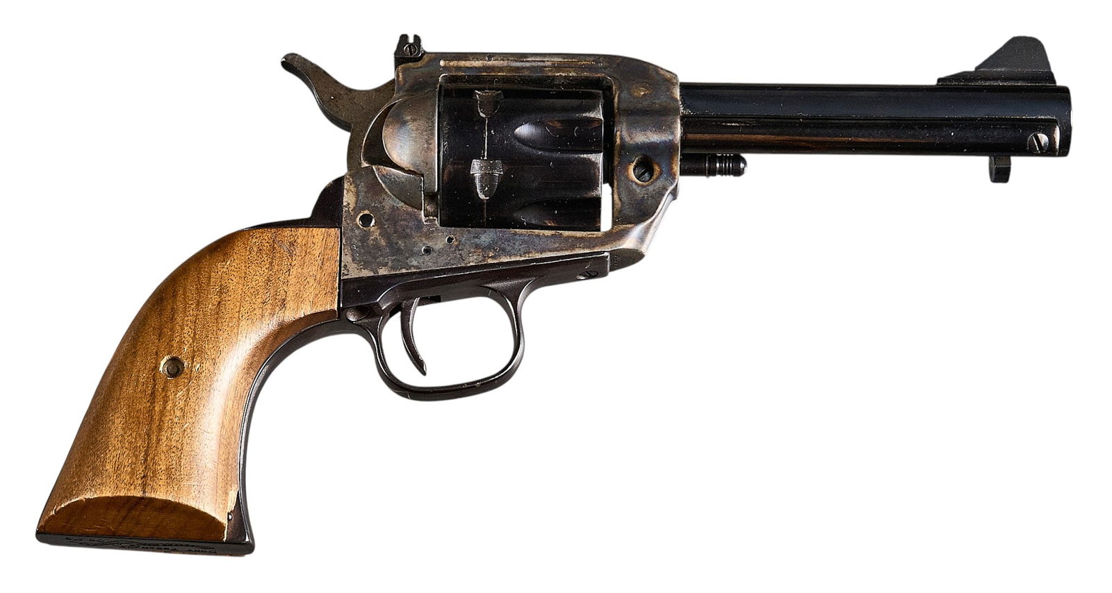Interarms Virginian Dragoon 45LC Revolver: Serial: B32539Manufacturer: InterarmsModel: Virginian DragoonCaliber: 45LCBarrel length: 5 in.OAL: 10.5 in.Condition: Fair-Good; wear & handling marks throughout with some light oxidation; bore is