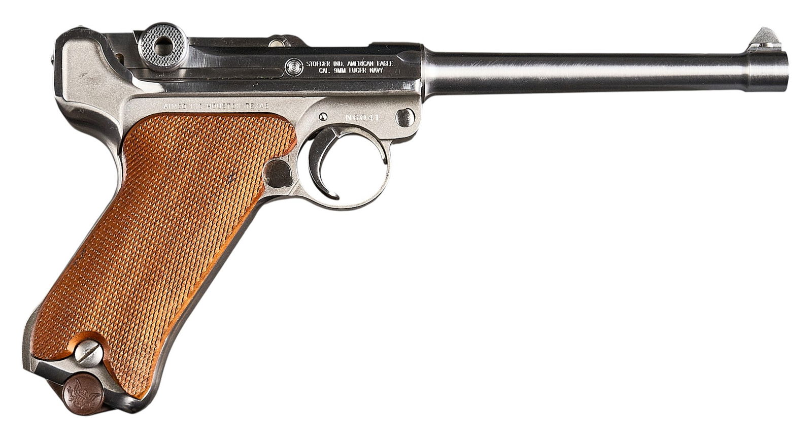 Stoeger American Eagle Navy Luger 9mm Semi Auto Pistol: Serial: N6041Manufacturer: Stoeger Ind. / AIMCO Model: American Eagle Navy LugerCaliber: 9mmBarrel length: 6 in. OAL: 10.75 in.Condition: Very Good; wood grips have slight handling marks; sl