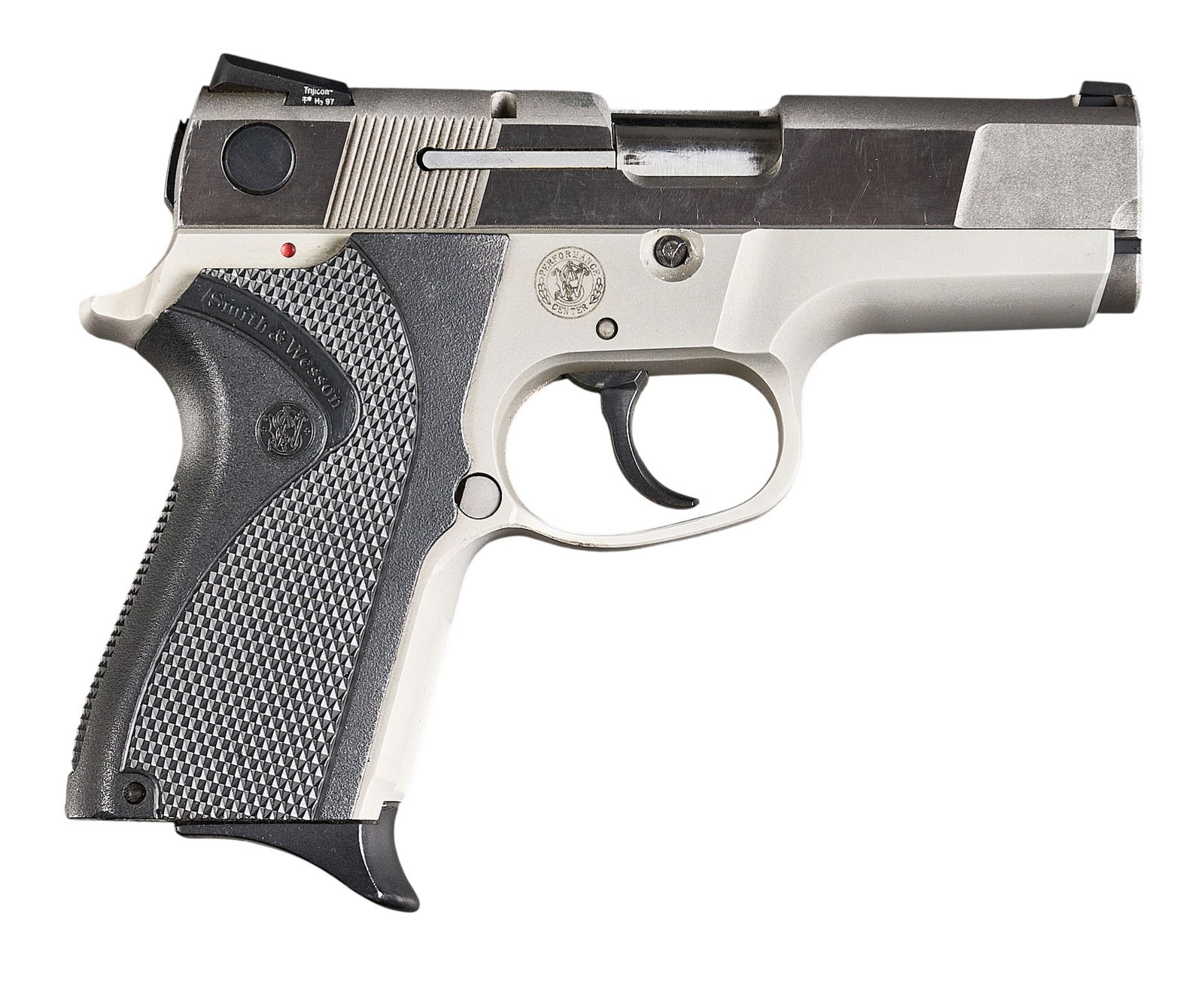 Smith & Wesson Performance Center 4006 Shorty Forty 40 S&W Semi Auto Pistol: Serial: PCS1277Manufacturer: Smith & Wesson (c. 1992-1995)Model: 4006 Forty ShortyCaliber: 40 S&WBarrel length: 3.5 in. OAL: 7 in.Condition: Good; sporadic wear & handling marks inclu