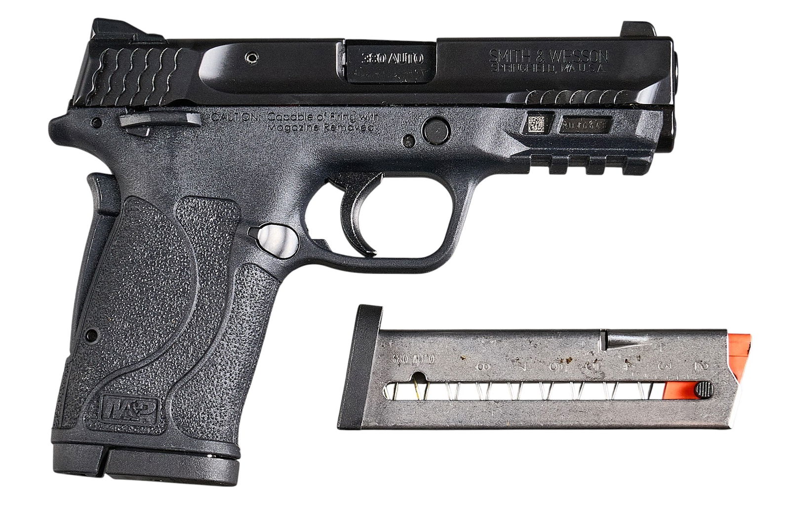 Smith & Wesson M&P Shield EZ 380 ACP Pistol: Serial: RDJ6648Manufacturer: Smith & WessonModel: M&P Shield EZCaliber: 380 ACPBarrel Length: 3.625 in.OAL: 6.75 in.Condition: Very Good; light used condition; light handling marksIncludes: 2