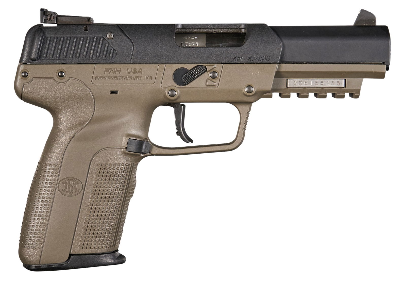 FN Five-seveN 5.7x28 Semi Auto Pistol: Serial: 386156465Manufacturer: FN-Belgium / FN-USAModel: Five-seveNCaliber: 5.7x28Barrel length: 4.25 in.OAL: 8.25 in.Condition: Good; very light wear & handling marks throughout including s