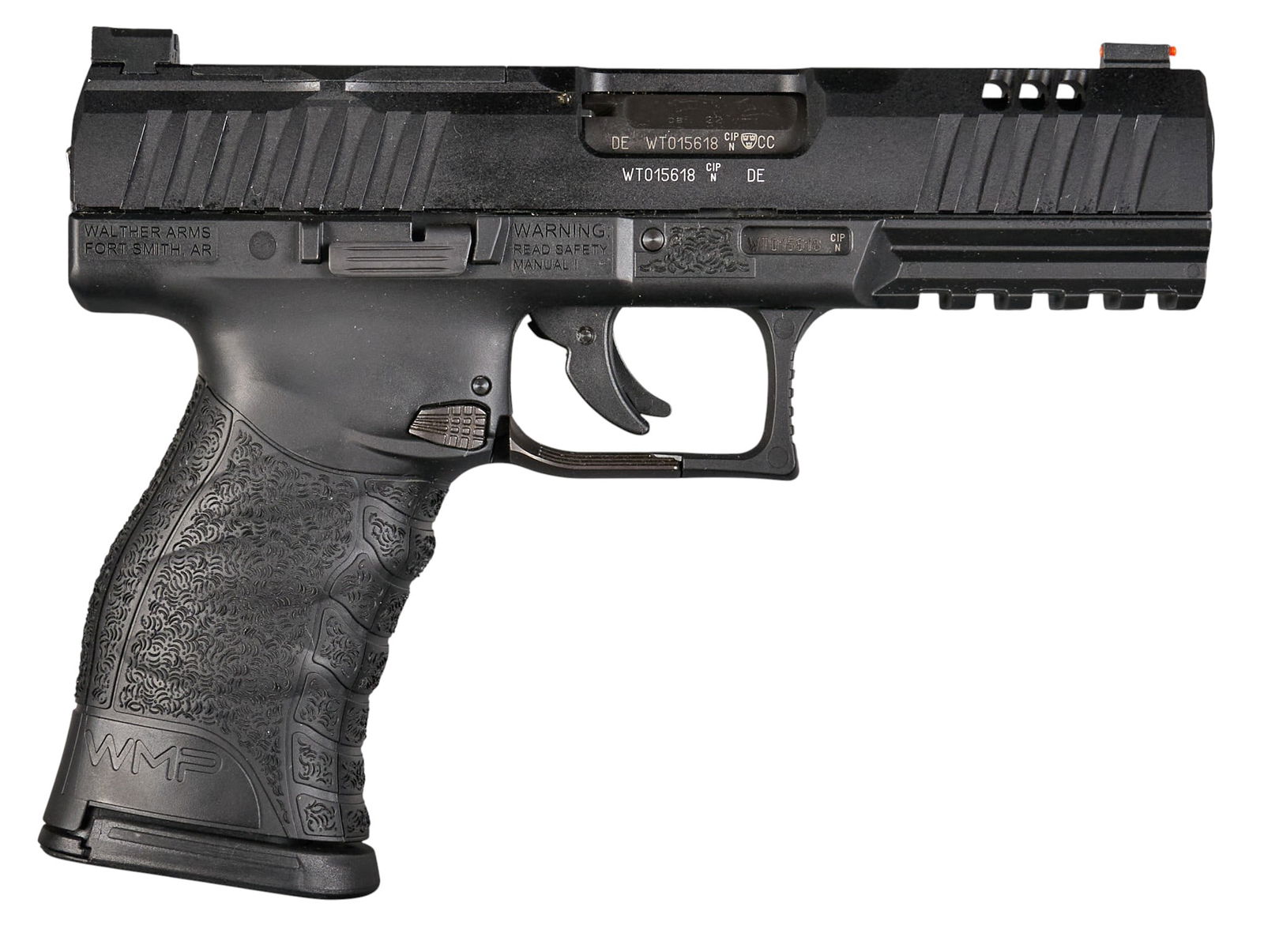 Walther WMP 22 WMR Semi Auto Pistol: Serial: WT015618Manufacturer: Carl Walther ULM / DO-Germany / Walther Arms-Fort Smith, ARModel: WMPCaliber: 22 WMR / 22 MAGBarrel length: 4.5 in.OAL: 8 in.Condition: Very Good-Like New; very light han