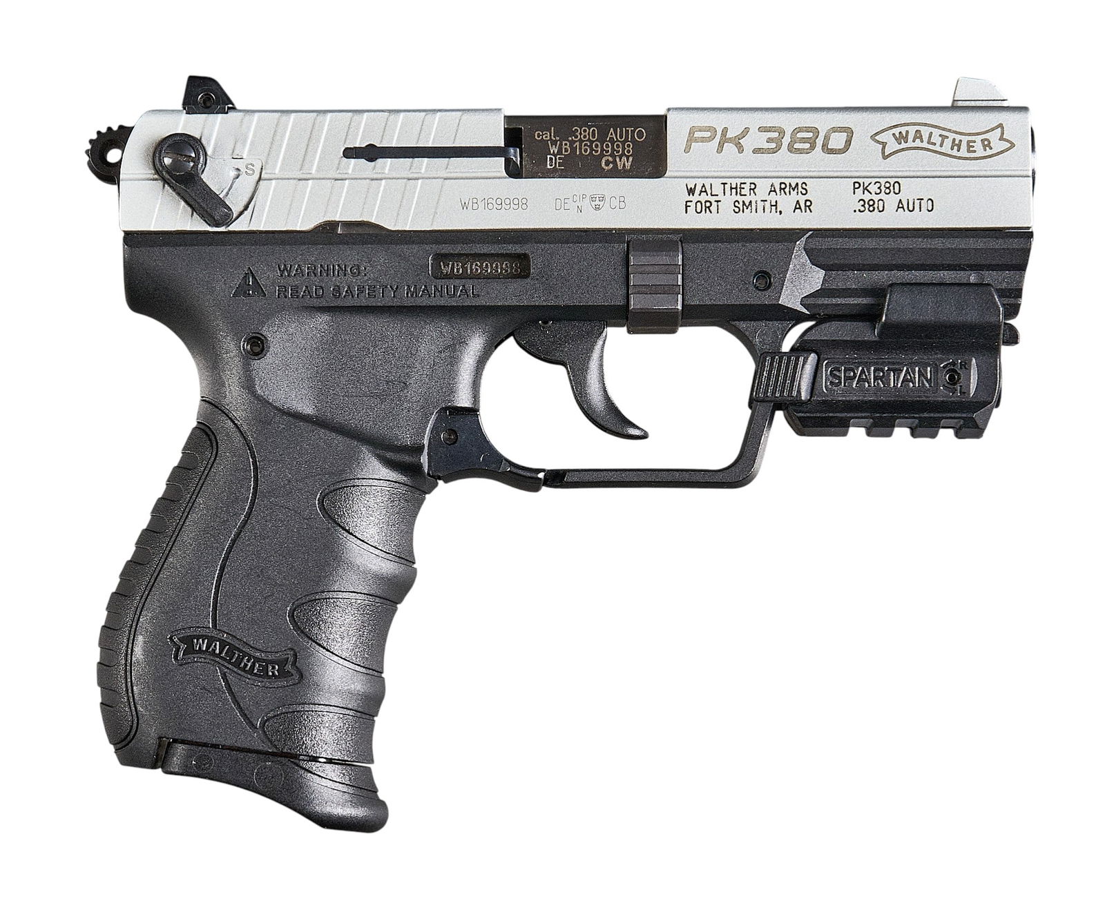 Walther PK380 Semi Auto Pistol W/ LaserMax Spartan: Serial: W8169998Manufacturer: Carl Walther Ulm-Germany / Walther Arms-USAModel: PK380Caliber: 380 ACPBarrel Length: 3.625 in.OAL: 6.5 in.Condition: Very Good-used; light wear from use; bore is g