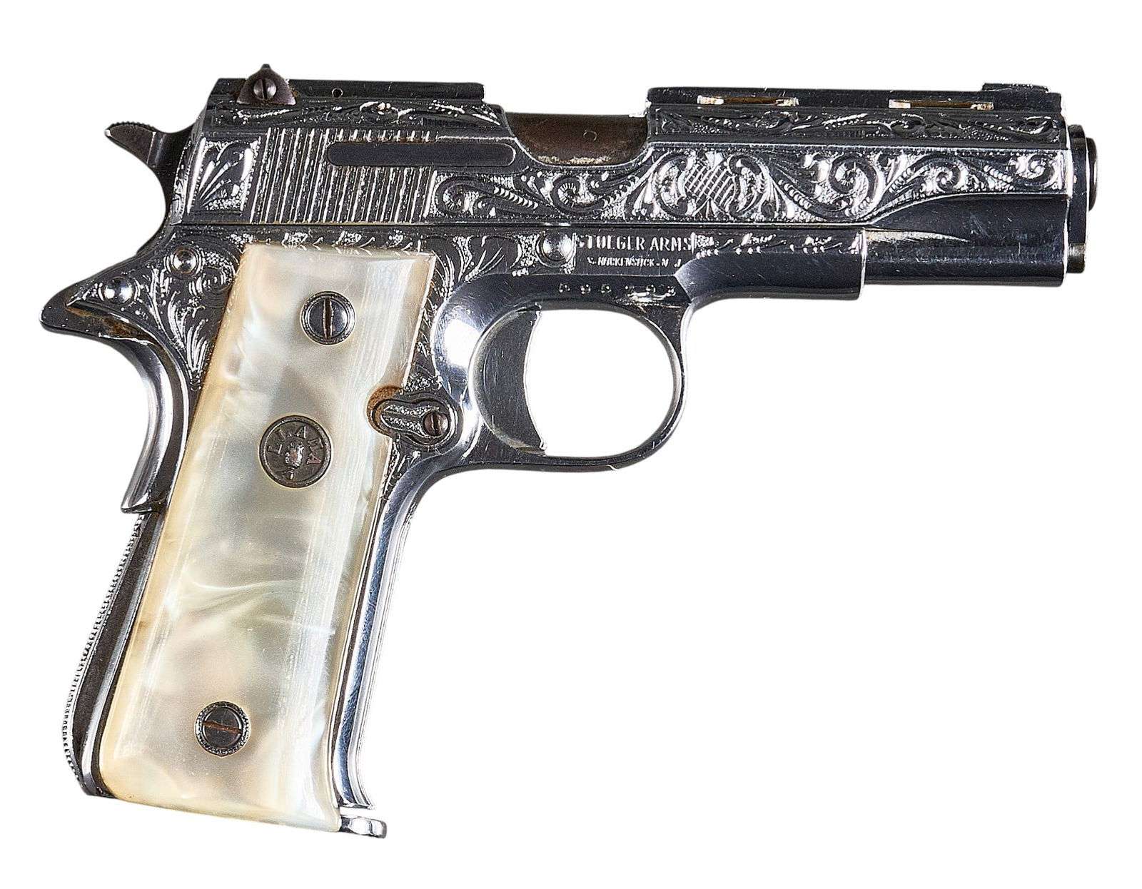 Llama 380 ACP Engraved Semi Auto Pistol: Serial: 595793Manufacturer: Gabilondo Y Cia V-Espana / Stoeger Inc.Model: Llama EspecialCaliber: 380 ACPBarrel length: 3.75 in.OAL: 6.5 in.Condition: Good; faux pearl grips have moderate wear & pa