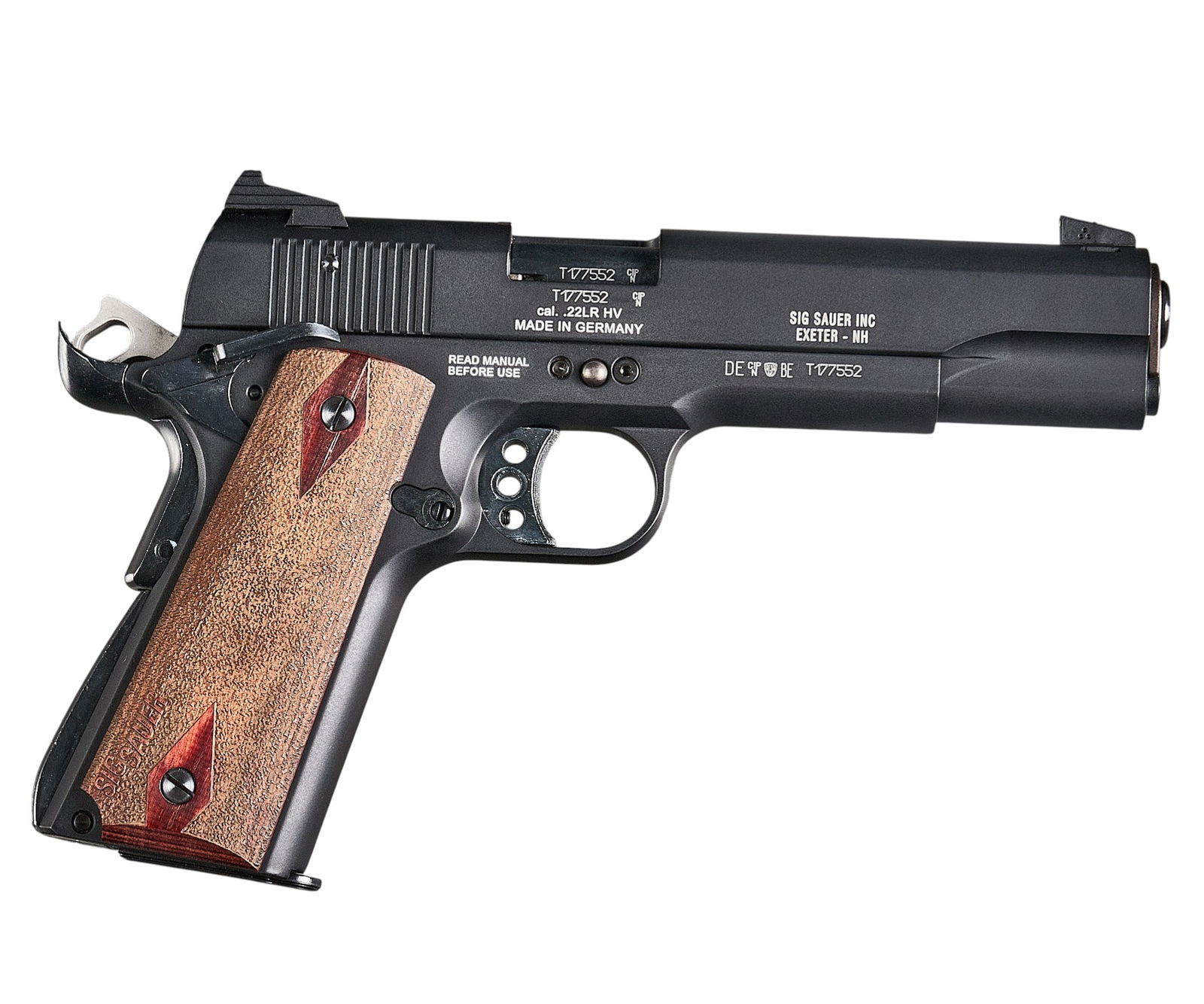Sig Sauer 1911-22 22 LR Semi Auto Pistol: Serial: T177552Manufacturer: Sig Sauer - Germany / Sig Sauer IncModel: 1911-22Caliber: 22LRBarrel length: 5 in.OAL: 8.5 in.Condition: Very Good - Like New; some very light wear & handling marks wi