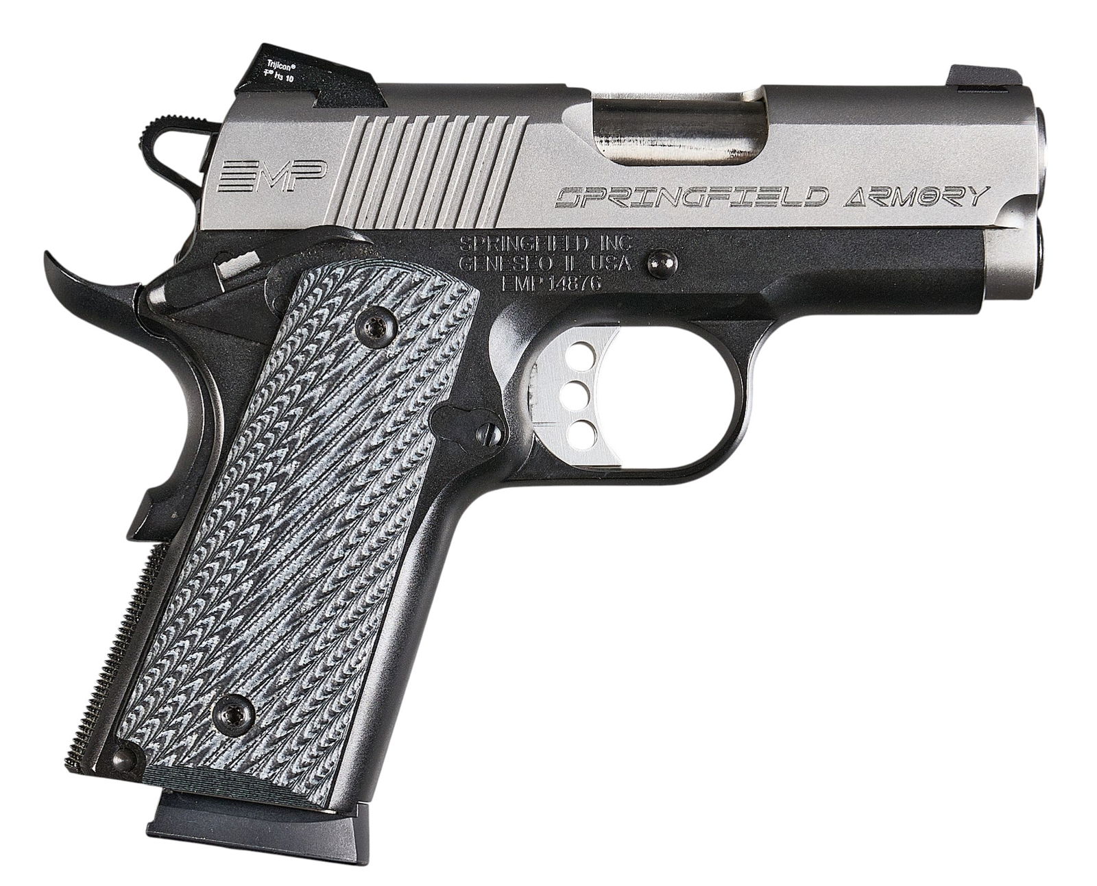 Springfield Armory EMP 40 S&W Semi Auto Pistol: Serial: EMP14876Manufacturer: Springfield ArmoryModel: EMPCaliber: 40 S&WBarrel length: 3 in.OAL: 6.75 in.Condition: Very Good; some light wear & handling marks; sporadic light scratches &